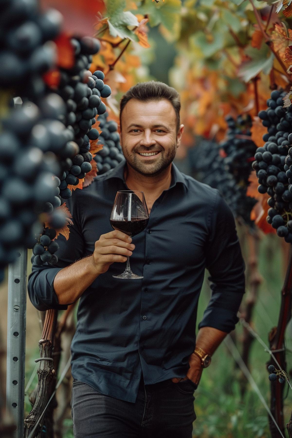 A middle-aged man with a glass of wine, standing in front of his own vineyards. A beautiful sunny day. Beautiful nature. The man smiles, life is good.