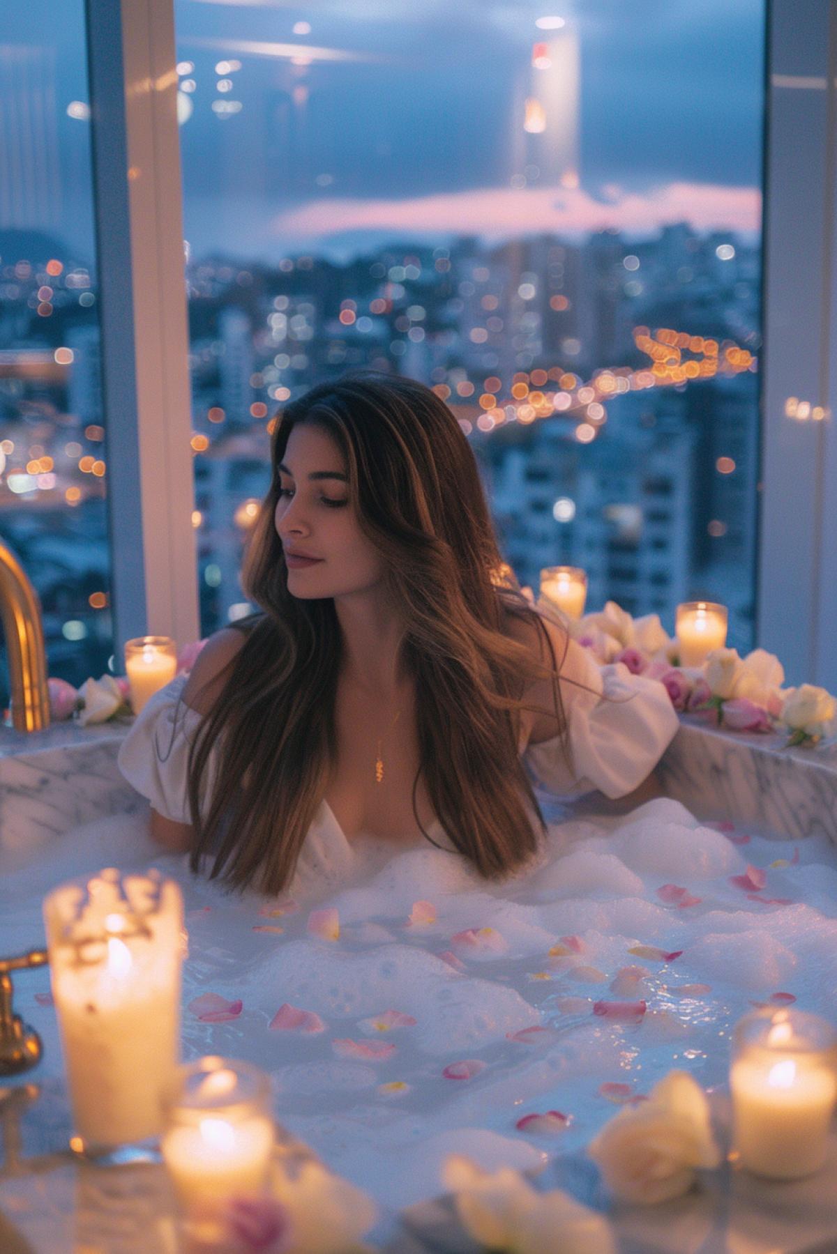 Luxury marble bathroom in a mansion, close-up of a bathtub filled with foam and rose petals, in which a young woman with long flowing hair lies, in the foreground are golden taps and scented candles, the middle shot is a woman with a relaxed and contented expression, background large windows overlooking the city at night, an atmosphere of comfort and luxury, soft lighting from candles, warm shades, the contrast of white marble and delicate roses, a feeling of comfort and enjoyment, an emphasis on harmony and the subtle beauty of the moment.