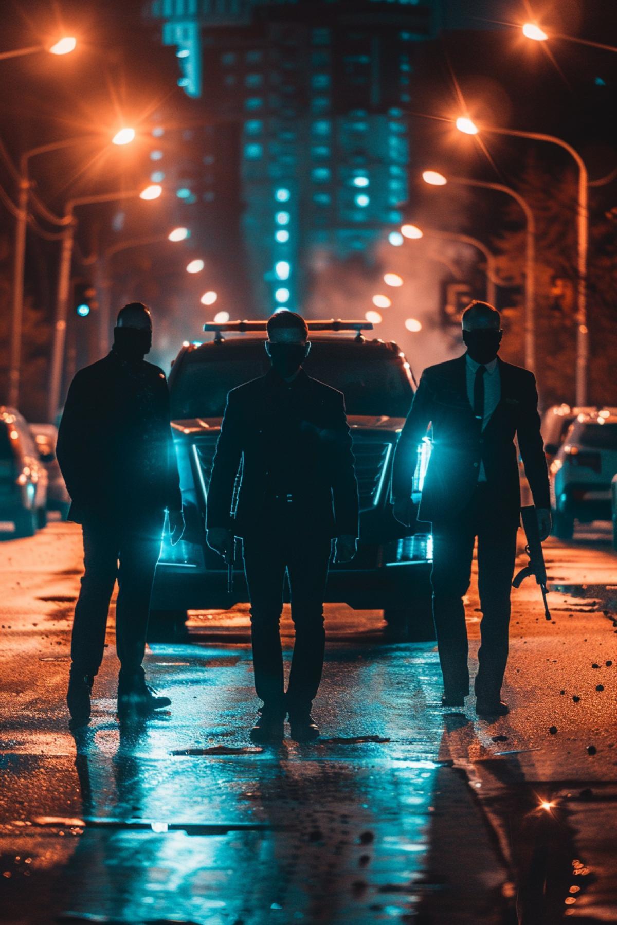 Three angry hiters in dark with pistols hunting to hit Extremely rich handsome man wearing dark suit hiding behind his Cadillac escalade evening city danger epic horror