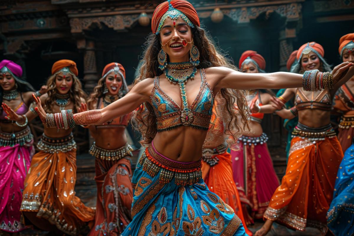 action scene photography, classic Bollywood musical, vibrant traditional costumes, energetic and passionate dance, elaborately decorated stage, low angle shot, deep depth of field, cinematic lighting, night time, Sony A7R IV, Fujifilm Superia X-TRA 800 film, ultra realistic, cinematic, UHD