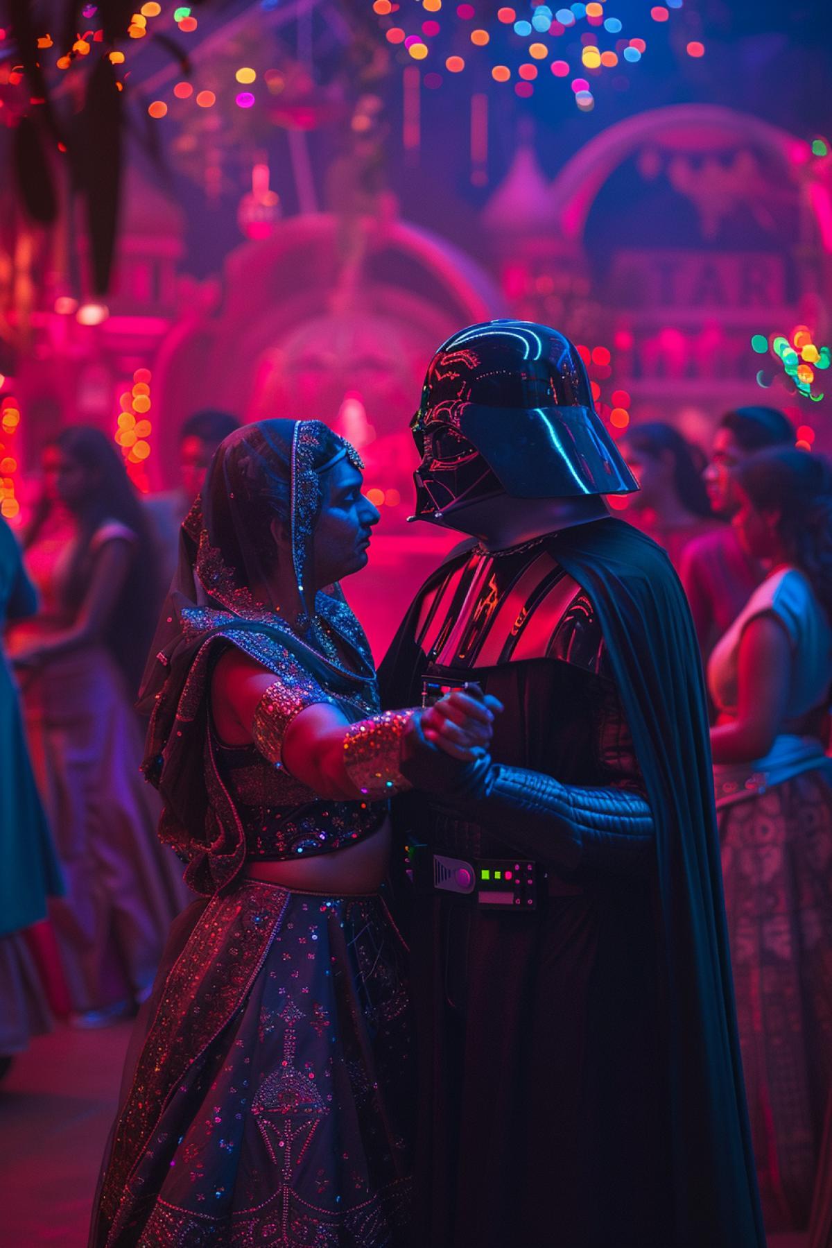 fantasy photography, Luke Skywalker and Darth Vader in a Bollywood dance scene, wearing costumes with Indian elements, elaborately decorated stage with numerous dancers, 3/4 profile shot, deep depth of field, neon lighting, dusk, Canon EOS R5, CineStill 800T film, ultra realistic, dramatic, cinematic