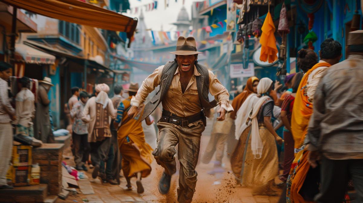An action-packed chase scene with Indiana Jones from Raiders of the Lost Ark dressed in traditional Indian warrior attire, running through narrow alleys of a vibrant Indian marketplace. The background features colorful stalls and busy crowd. Dynamic, high-energy lighting, vivid style, hd quality, natural look, inspired by modern Indian action films, motion blur, energetic com4k, cultural vibrancy, urban chaos