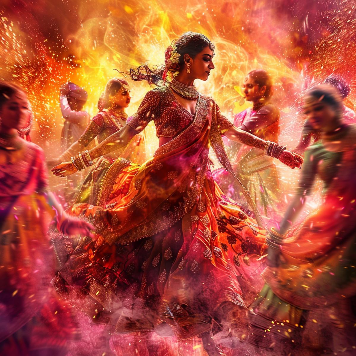 A captivating cinematic poster featuring a scene from an Indian movie, showcasing the vibrant atmosphere, unique style, and cultural essence. The image captures a burst of color, with traditional Indian clothing and intricate designs. The scene could be a classic Bollywood musical number, featuring a group of dancers gracefully moving to the rhythm, or a more modern and dramatic moment from a recent film, highlighting the intensity of the actors expressions. The overall com4k is visually striking and evokes a sense of celebration, emotion, and the rich heritage of Indian cinema., cinematic, portrait photography, poster, photo