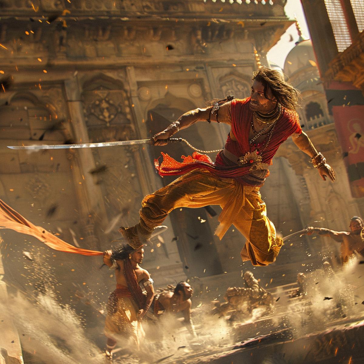 An action-packed scene featuring Jack from Titanic in traditional Indian warrior attire, leaping through the air with a sword, amidst an intense battle in an ancient Indian fortress. The background shows intricately carved stone walls and vibrant banners. Dynamic, high-energy lighting with dramatic shadows, vivid style, hd quality, natural look, inspired by epic Indian battles, motion blur, energetic com4k, cultural vibrancy, historical elements