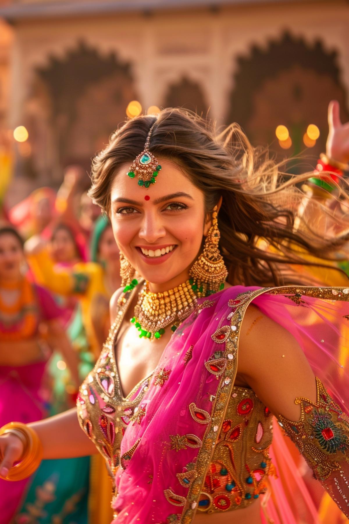 A vibrant scene from a Bollywood musical, in the foreground is a close-up of a smiling Deepika Padukone in a traditional Indian outfit decorated with gold and silver patterns, in the background are dancers in colorful costumes performing an energetic dance, the background is an ornate palace with colorful garlands and lamps , an atmosphere of joy and celebration, rich colors, bright lighting, dynamic movement, emphasis on expressive faces and costumes, a sense of fun and grandiosity.