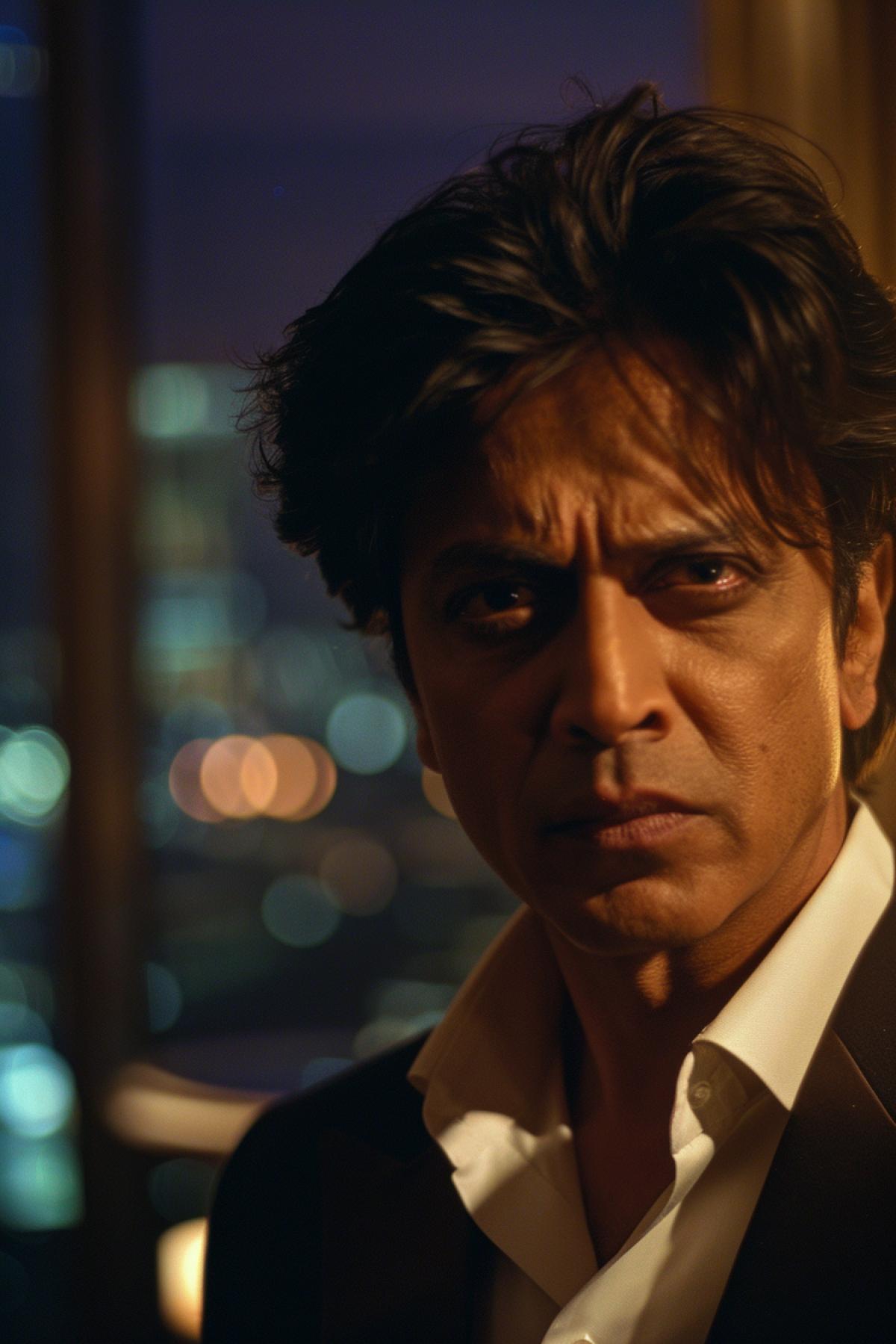 A dramatic scene from modern Indian cinema, in the foreground is a close-up of Shah Rukh Khans tense face, dressed in a business suit, his eyes are full of emotion, in the middle shot is a luxurious office with large windows and modern decor, in the background are city lights, an atmosphere of tension and drama, cold and warm shades, contrast of light and shadow, emphasis on emotional intensity and depth of character, a sense of the importance of the moment and internal struggle.