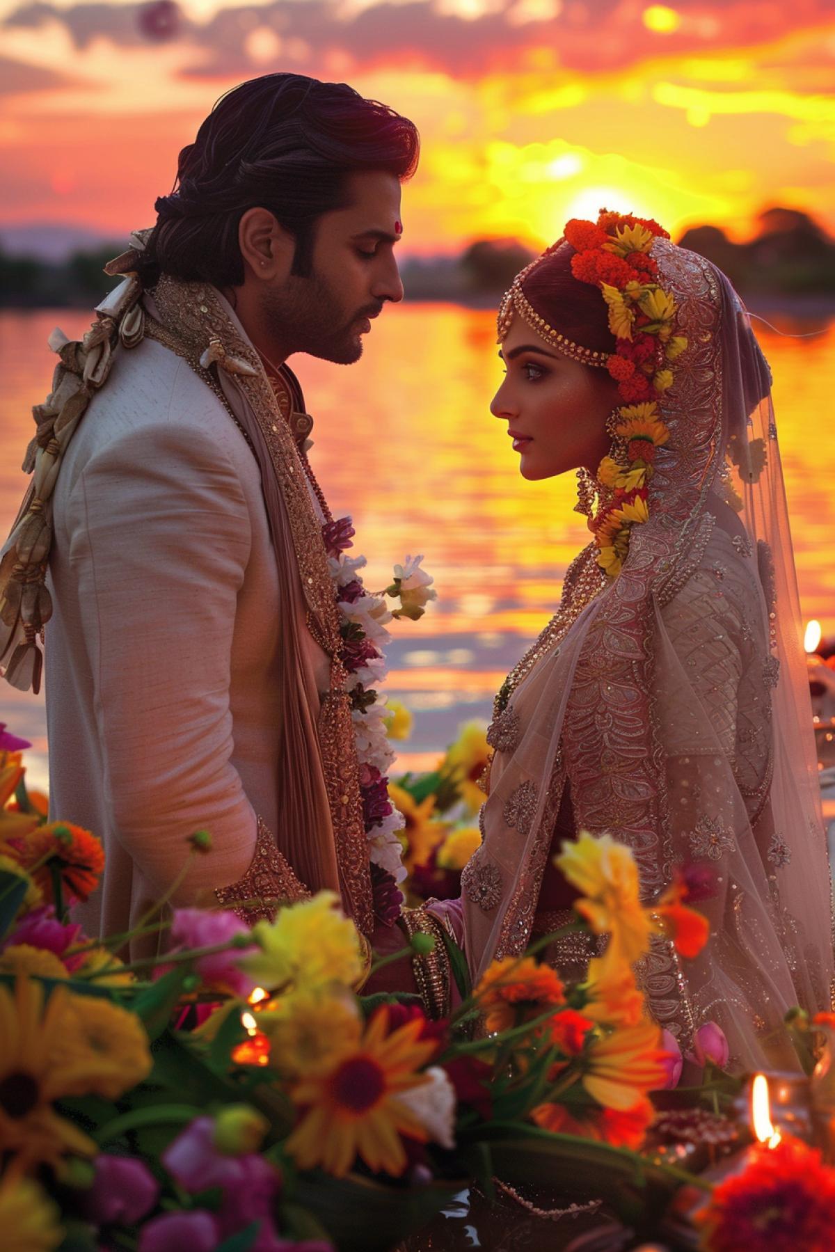 A romantic scene against the backdrop of an Indian sunset, in the foreground is a close-up of Aishwarya Rai in an exquisite sari, her eyes expressing love and tenderness, next to her is Abhishek Bachchan, looking at her with adoration, the middle shot is a river bank covered with flowers and lamps , background sunset sky with bright colors, atmosphere of romance and beauty, soft lighting, warm shades, contrast of bright colors and delicate tones, emphasis on expressive faces and sensitivity of the moment.