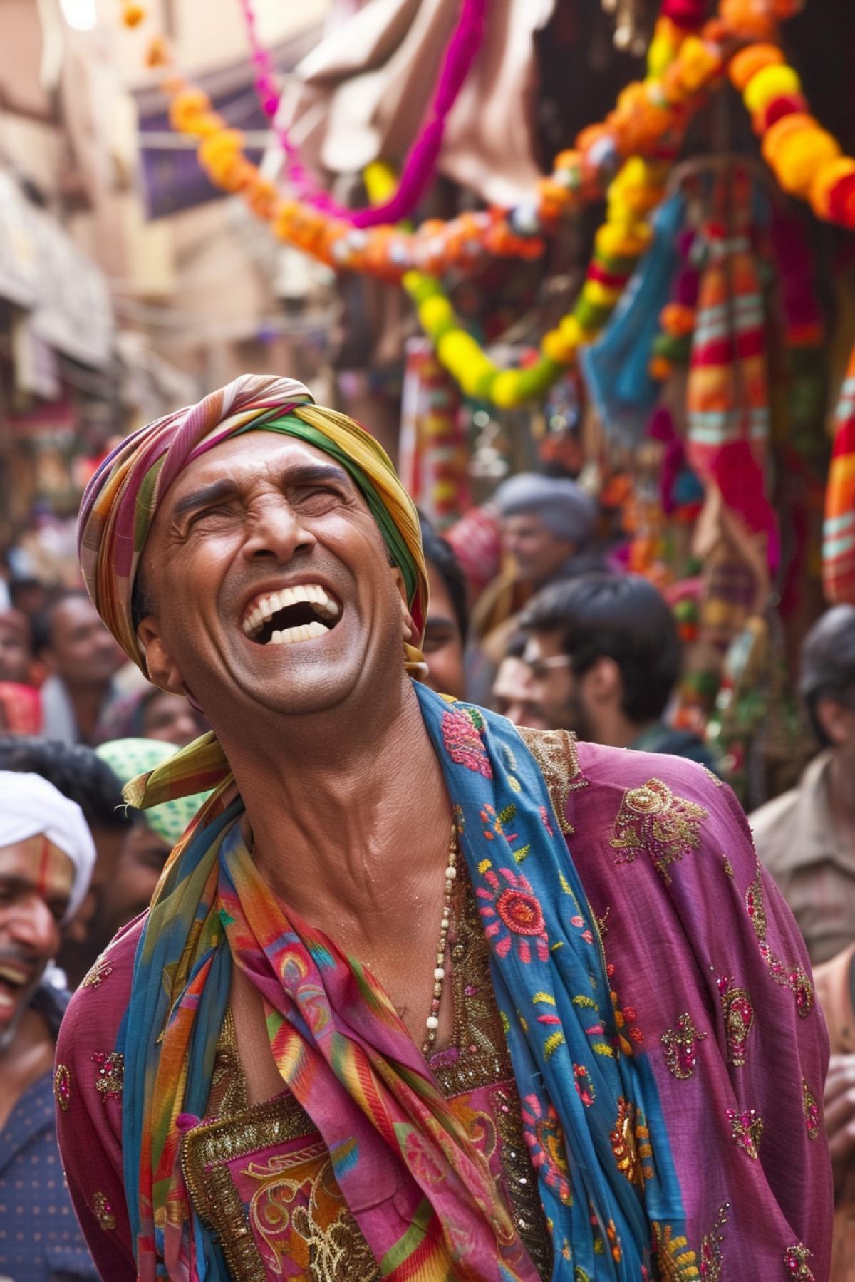 A comedy scene from a classic Indian film, in the foreground is a close-up of a smiling and grimacing Akshay Kumar in traditional Indian clothing, around him are people laughing and cheering, in the middle shot is a colorful bazaar with many goods and colorful decorations, in the background are ancient Indian buildings and street garlands, an atmosphere of fun and lightness, rich colors, bright lighting, movement dynamics, an emphasis on humor and joy, a feeling of celebration and carefreeness.