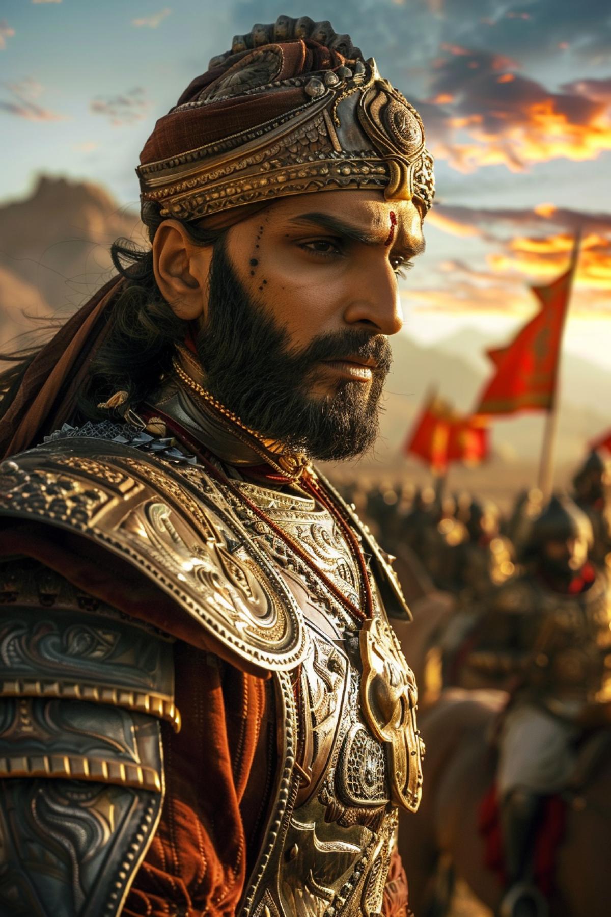 An epic scene from a historical Indian film, in the foreground there is a close-up of Ranveer Singh in the armor of the Maharaja, his face is determined and stern, the middle shot is a battlefield with warriors on horses and banners, the background is majestic mountains and a sunset sky with fiery colors, atmosphere grandeur and drama, the contrast of cold and warm shades, bright lighting, emphasis on the details of armor and facial expression, a sense of strength and heroism, depth of perspective and the dynamics of the scene.