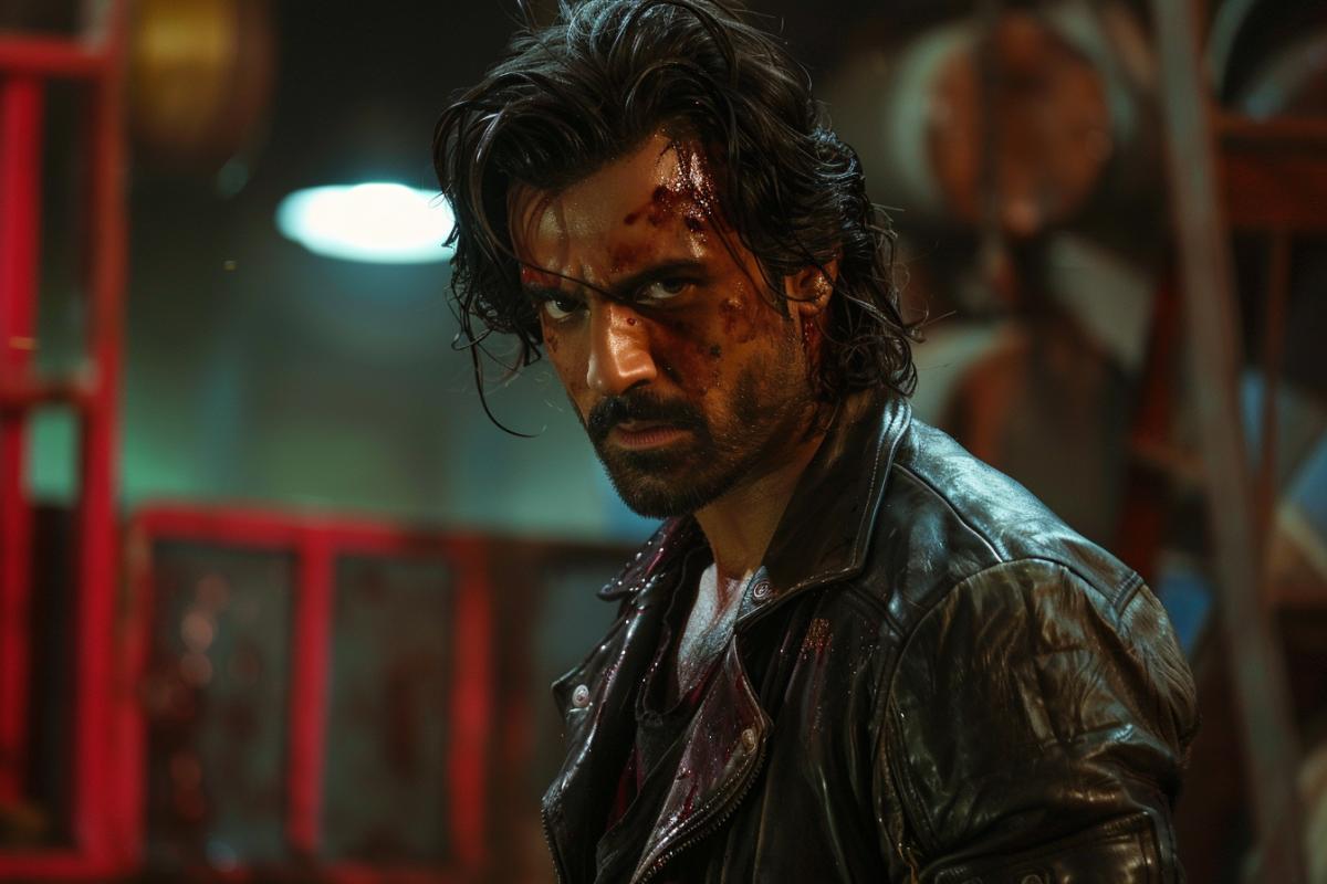 Indian actor in a scene in an action film about love. Bollywood