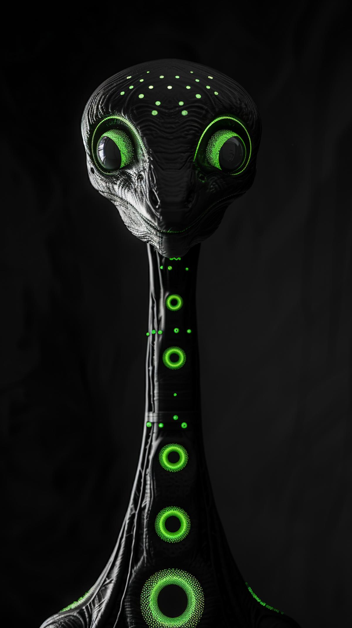 dark and white surreal photography of long neck alien with green neon eyes and neon circles on neck, dark light