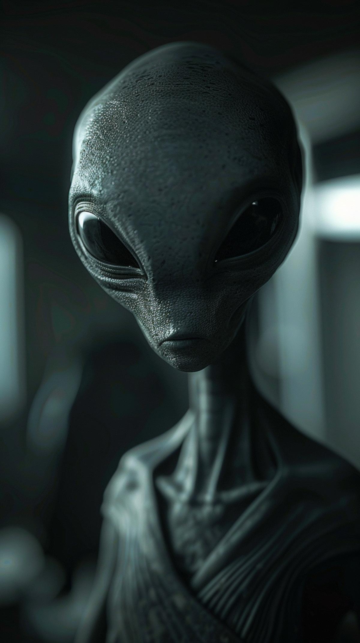 A gray alien looking down at the camera, ambient cold lighting, precisionist lines, deep shadows.