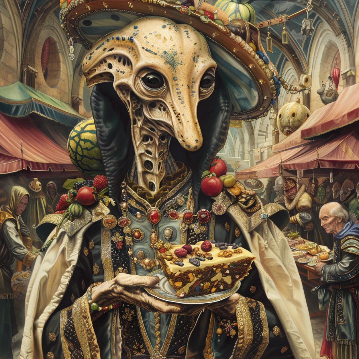 A mesmerizing depiction of an extraterrestrial being in a medieval setting, dressed in opulent, intricately designed garments. The alien holds a delectable slice of panforte, covered with enticing nuts, fruits, and spices, creating a tantalizing visual feast. The background reveals a lively alien medieval market, bursting with vendors selling diverse goods and a vibrant mix of people from all walks of life. The ambiance radiates warmth and inclusivity, showcasing the rich cultural heritage of the alien civilization during this era.