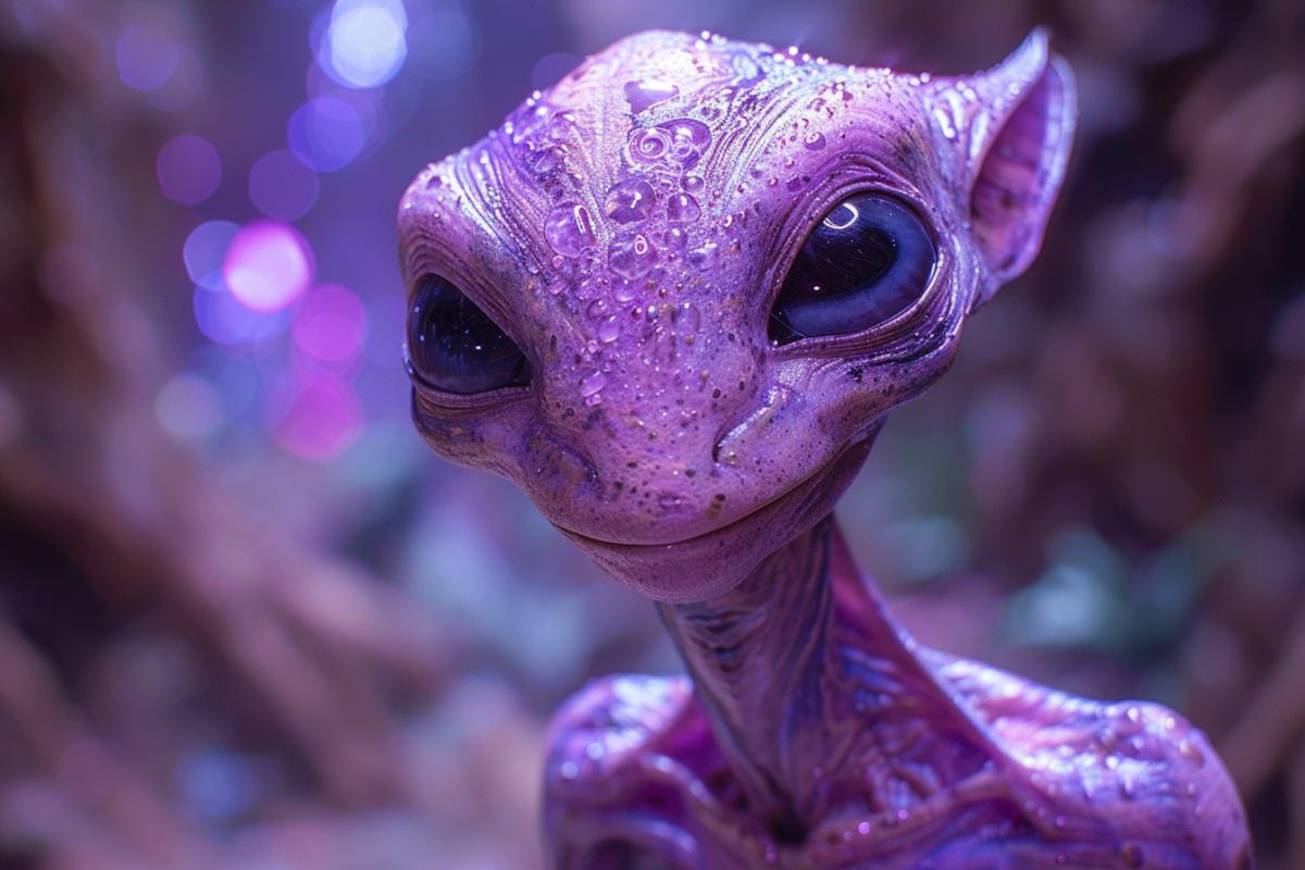 A striking portrait of an alien being with a unique anatomy. The creature has a tall, slender frame with three arms, each ending in a different type of hand. Its skin is a vibrant shade of electric purple, with a bubble-like texture that creates a mesmerizing visual effect. The alien wears a metallic, form-fitting suit with built-in technology that allows it to blend seamlessly with its environment. The creature inhabits an otherworldly landscape, with floating islands, luminescent plants, and a sky filled with swirling nebulas. A sense of wonder, curiosity, and otherworldliness permeates the image.