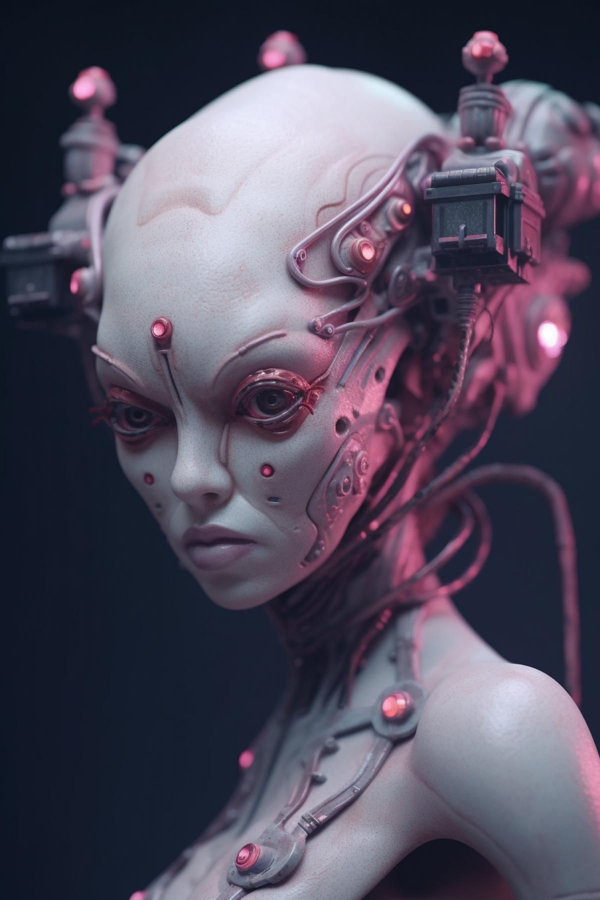 Many-eyed charming alien girl with an alien pistol