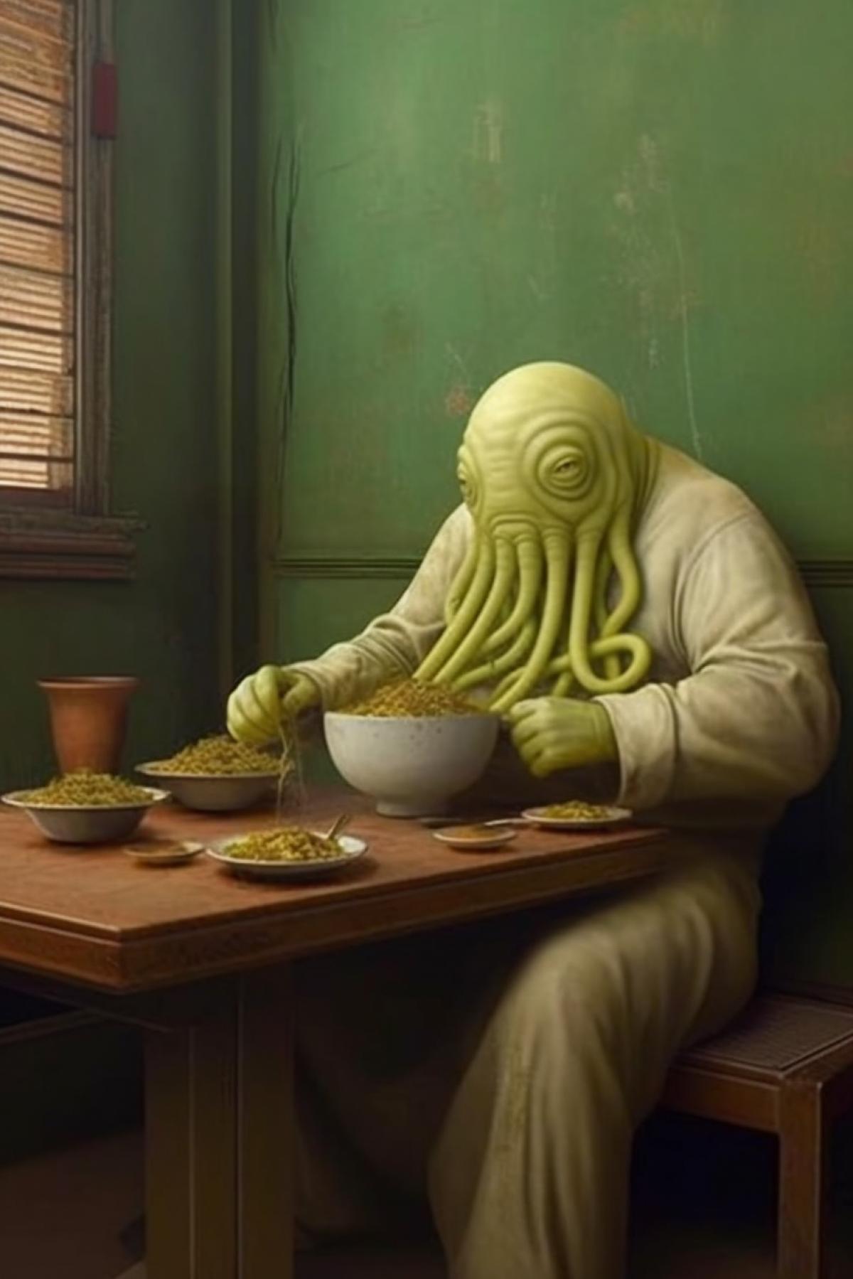 Funny fat alien with tentacles eats noodles in a Chinese eatery