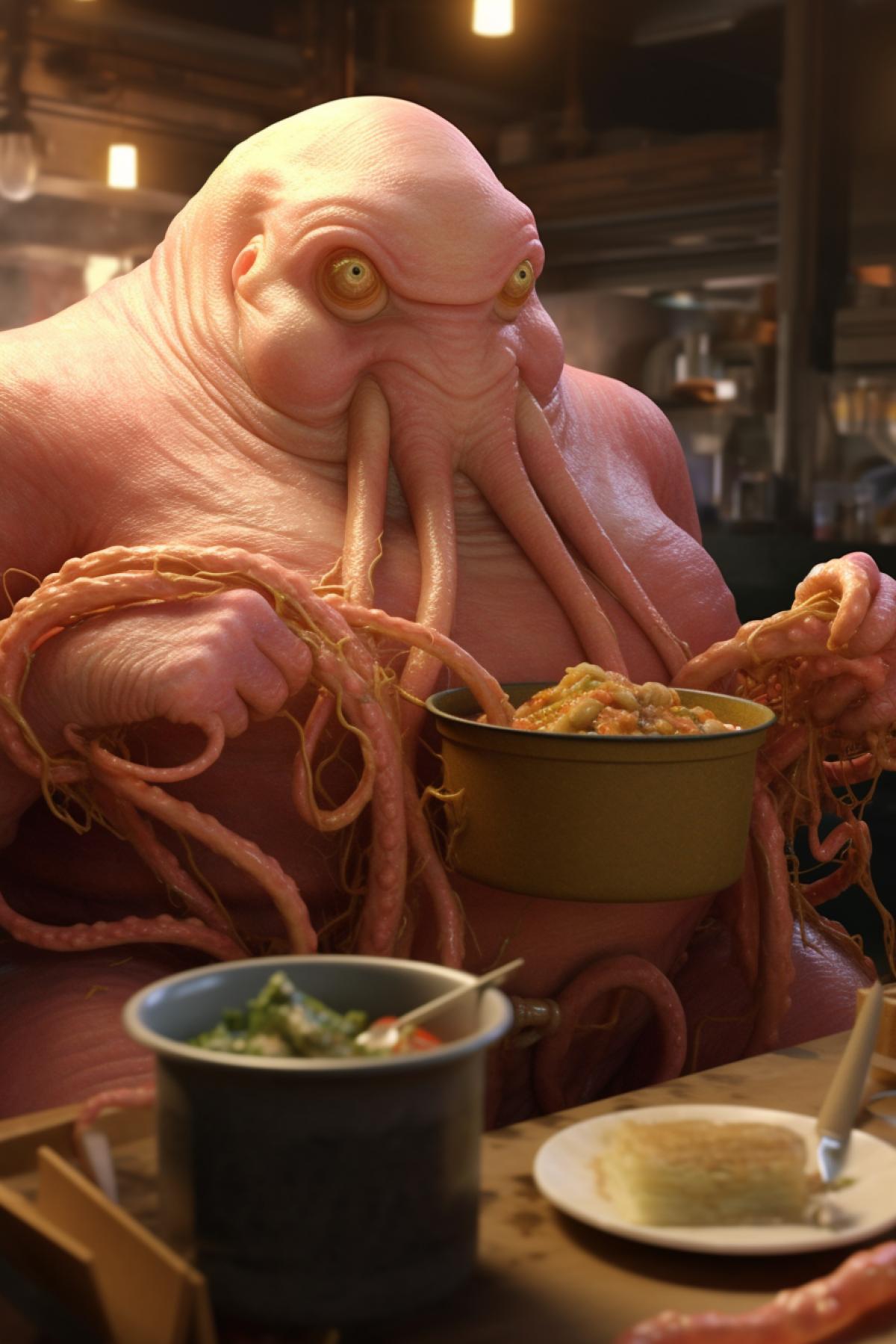 Funny fat alien with tentacles eats noodles in a Chinese eatery