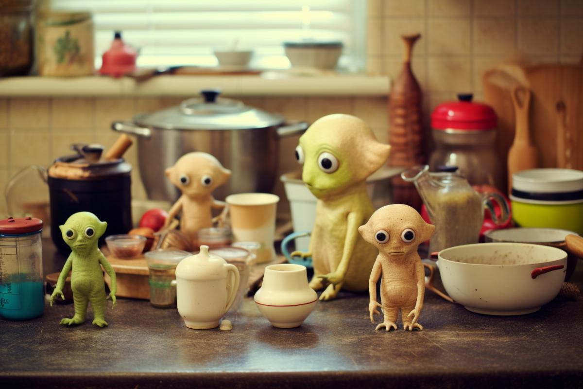 Aliens are in the kitchen preparing breakfast, they have many eyes.