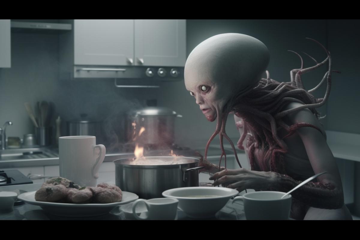 Aliens are in the kitchen preparing breakfast, they have many eyes.