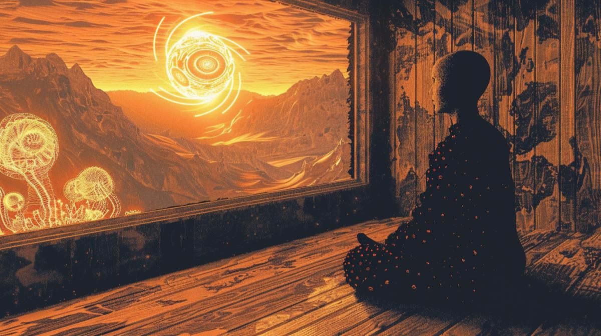 A hyper-detailed digital artwork of a truly alien girl seated by a window during a warm summer sunrise. Her iridescent, skin shimmers with bioluminescent patterns. She has four large, compound eyes that reflect the golden light. Tentacle-like appendages frame her face instead of hair. Her structure is slender and elongated, with extra joints in her limbs. She wears a living, symbiotic garment that shifts and changes color.. . The rustic wooden interior is bathed in a soft, warm glow of the rising sun. Ancient alien artifacts decorate the room, emitting a faint, otherworldly hum. Floating orbs of light drift lazily through the air. Exotic plants with spiral leaves and pulsating flowers react to her presence. A holographic display shows incomprehensible alien script.. . The window reveals a landscape with two rising suns and strange, twisting rock formations. Photorealistic rendering, volumetric lighting, intricate details, 8K resolution