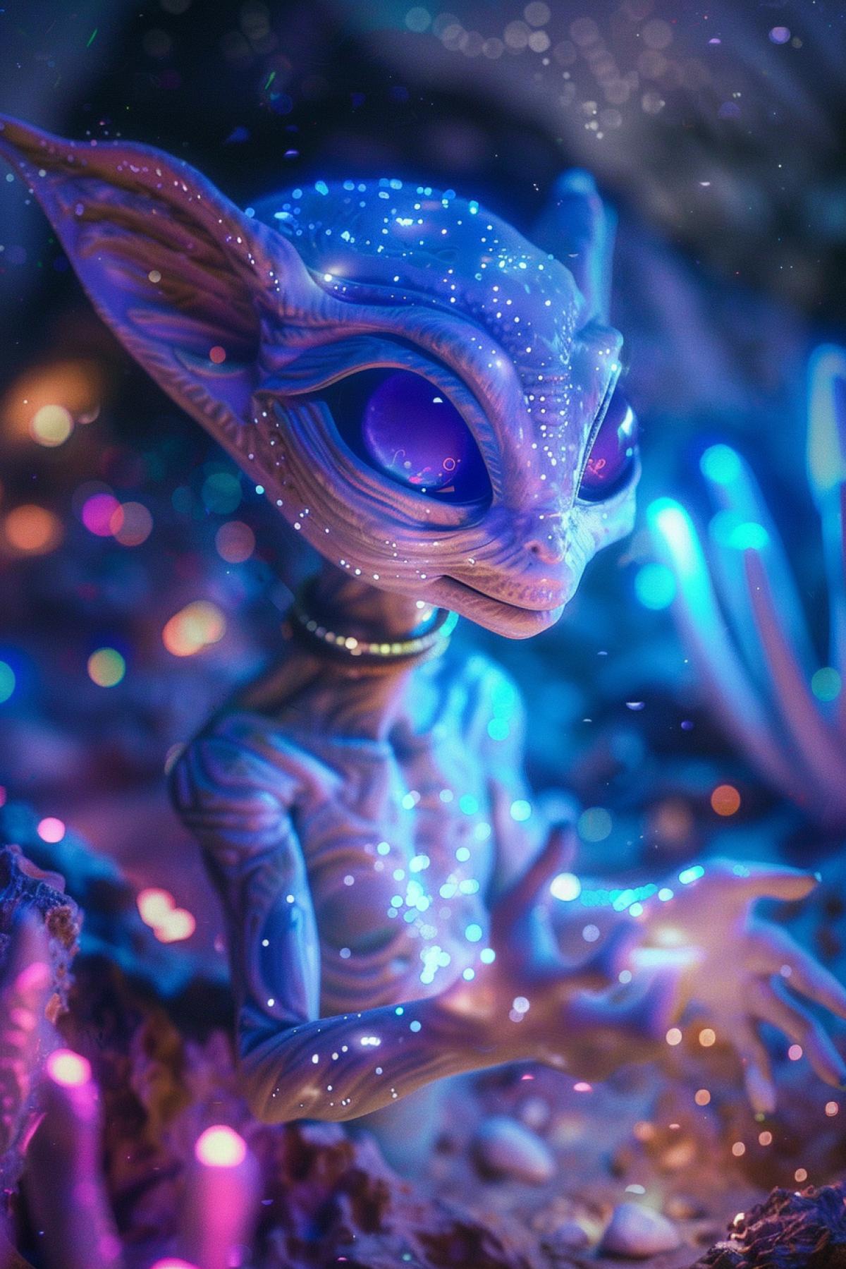 An alien desert under a starry sky, in the foreground there is a close-up of a charming alien with , glowing skin, soft flowing shapes and large purple eyes, his hands are decorated with glowing bracelets, in the middle shot he is standing on the sand, surrounded by glowing grains of sand and crystals, background a desert with high rocks and luminous plants, an atmosphere of mystery and magic, warm night lighting, the contrast of luminous skin and a dark background, a feeling of mystery and goodwill, an emphasis on softness and beauty.