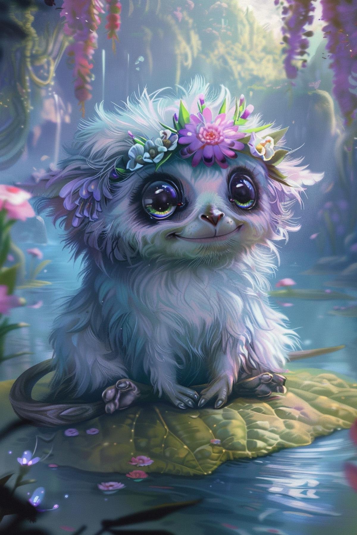 Close-up on an alien with fluffy, soft fur in pastel shades, large eyes with shiny irises, a smile that reveals small fangs, flower crowns on his head, medium shot he sits on a large leaf above a sparkling lake surrounded by giant flowers, the background is a landscape with tall alien trees and islands floating in the air, an atmosphere of magic and tranquility, bright daylight, soft shadows, contrast of fluffy fur and bright flowers, a feeling of tenderness and joy, emphasis on the cuteness and friendliness of the creature.
