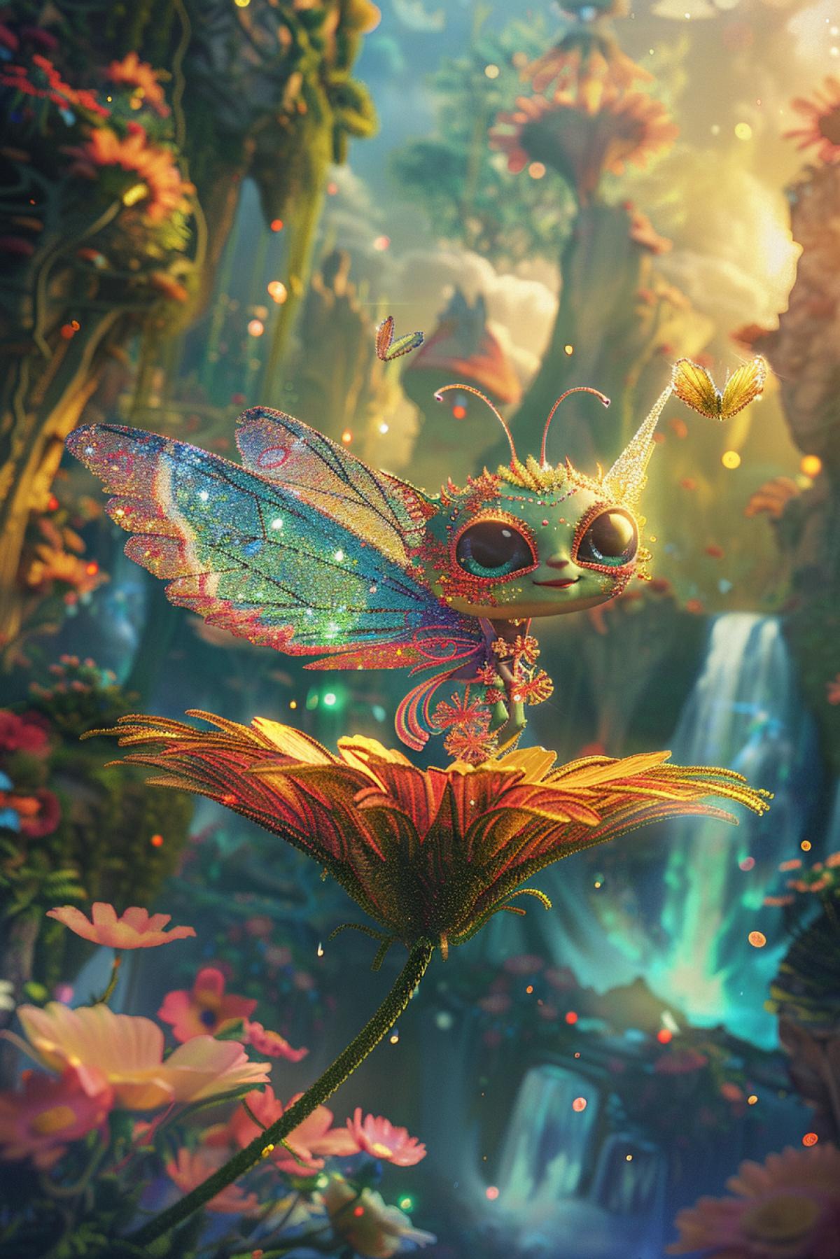 A planet with flying islands, in the foreground there is a close-up of a cute alien with butterfly wings shimmering with all the colors of the rainbow, soft features and large eyes with long eyelashes, his skin is covered with small sparkles, the middle shot is he is sitting on a large flower swinging in air, background heavenly islands with waterfalls and luminous trees, an atmosphere of magic and lightness, bright sunlight, soft shadows, contrast of bright wings and delicate shades of the background, a feeling of kindness and beauty, emphasis on grace and elegance.