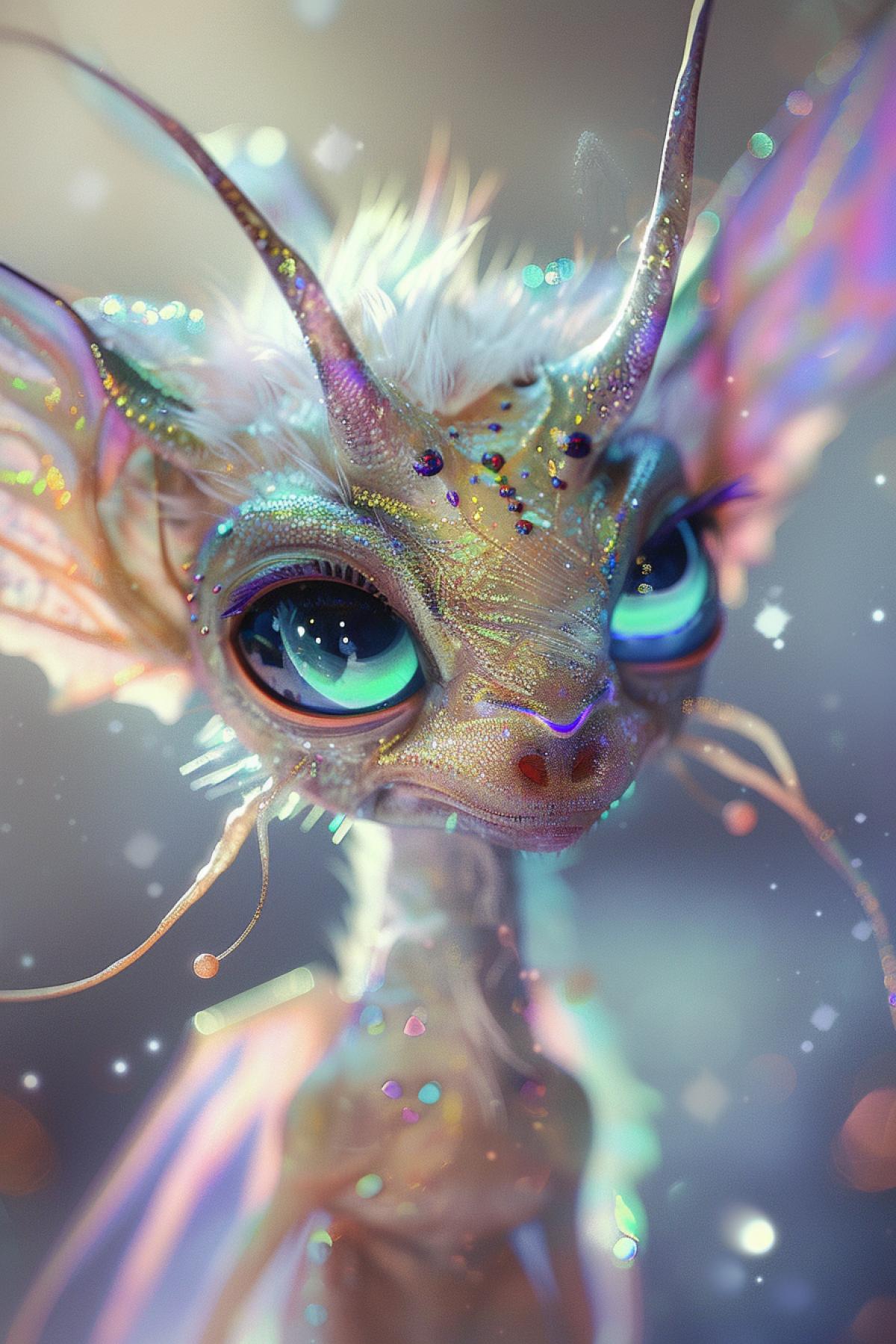 Close-up of a cute alien with delicate pearlescent skin reminiscent of silk, his eyes are large and glowing, with irises of different colors, on his head there are small horns covered with soft fluff, on his hands there are long thin fingers with graceful claws, decorated with glowing patterns, his clothes transparent and light, iridescent fabric that moves smoothly with every step, the facial expression is friendly and interested, the anatomy is graceful and slender, the emphasis is on the sophistication and magical beauty of the creature.