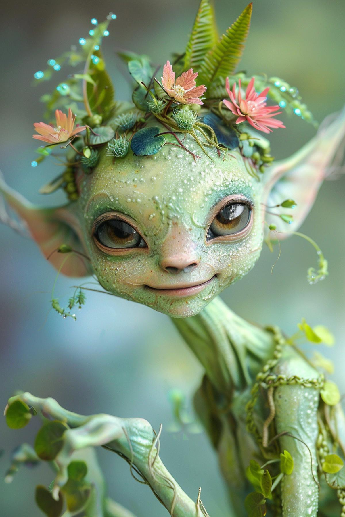 Close-up of a charming alien with soft velvety skin of a soft green color, large expressive eyes with long eyelashes, a smile that reveals small sharp teeth, on his head are bright flowers growing directly from his skin, his clothes are living tissue woven from growing plants, long arms and legs with smooth lines, luminous rings on his fingers, his facial expression is filled with joy and curiosity, his anatomy is flexible and elegant, the emphasis is on natural beauty and harmony with the surrounding world.