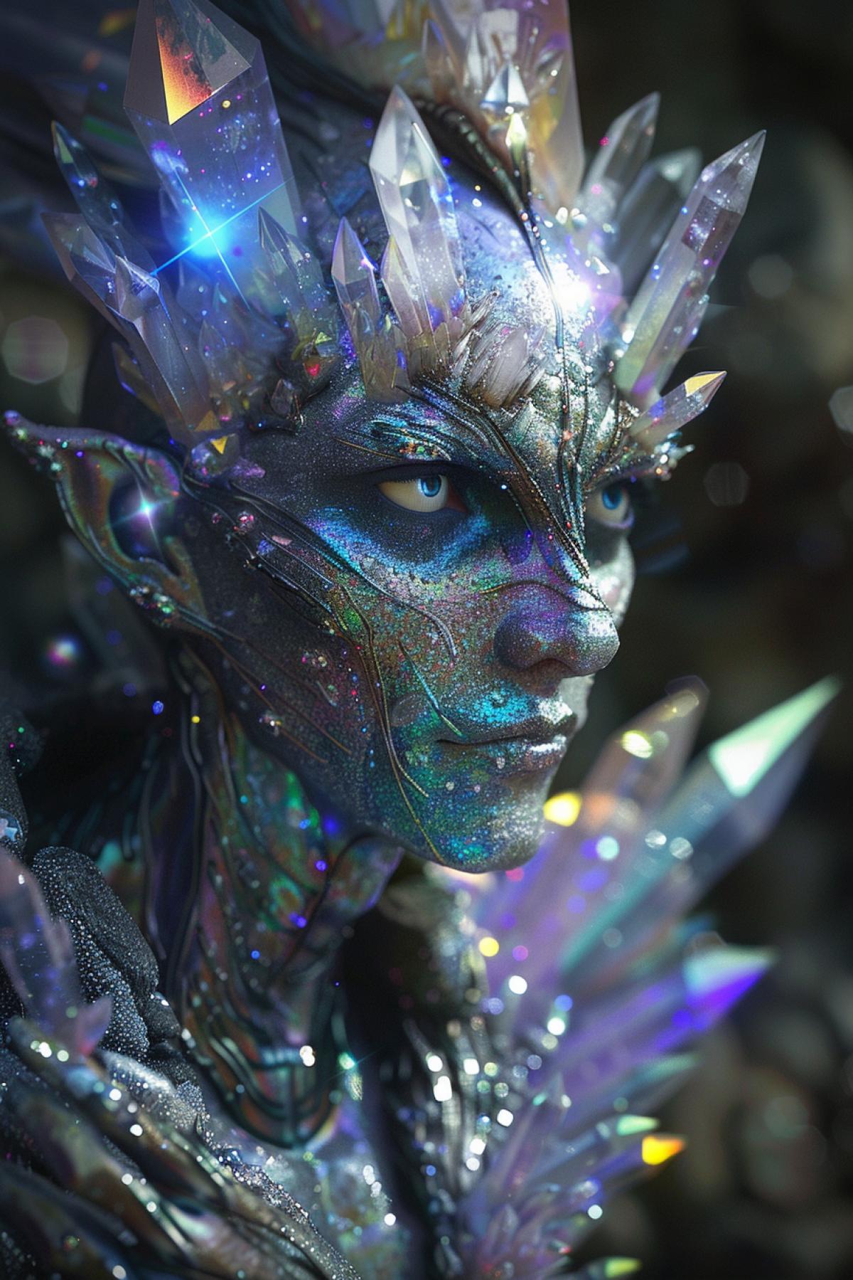 Close-up of an alien with crystalline skin, iridescent with all the colors of the rainbow, his eyes are large, like precious stones, with iridescent edges, on his head there are crystalline outgrowths emitting a soft light, on his hands there are long, graceful fingers covered with small crystals, his clothes flowing fabrics wrapping around his like liquid metal, his facial expression is calm and peaceful, his anatomy resembles the shape of a faceted crystal, the emphasis is on radiant beauty and harmony with minerals, every detail emphasizes his uniqueness and magic.