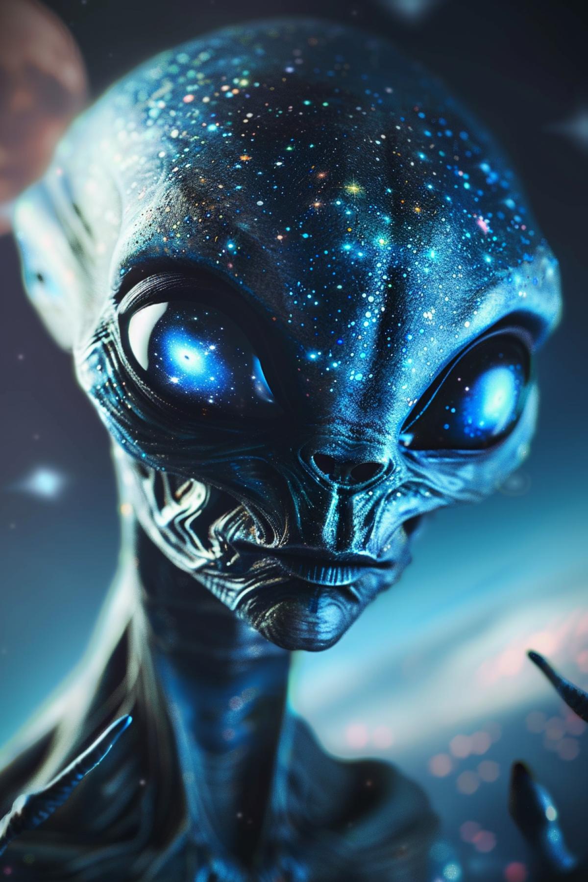 Close-up of an alien with , glowing skin covered with patterns reminiscent of the starry sky, his eyes are deep like space, with iridescent galaxies inside, on his head are smooth antennas emitting a soft light, on his hands are long, thin fingers decorated with glowing rings, his clothes are a light, floating fabric reminiscent of a nebula, smoothly moving around him, his facial expression is thoughtful and dreamy, his anatomy is subtle and ephemeral, the emphasis is on the cosmic beauty and mystery of the creature.