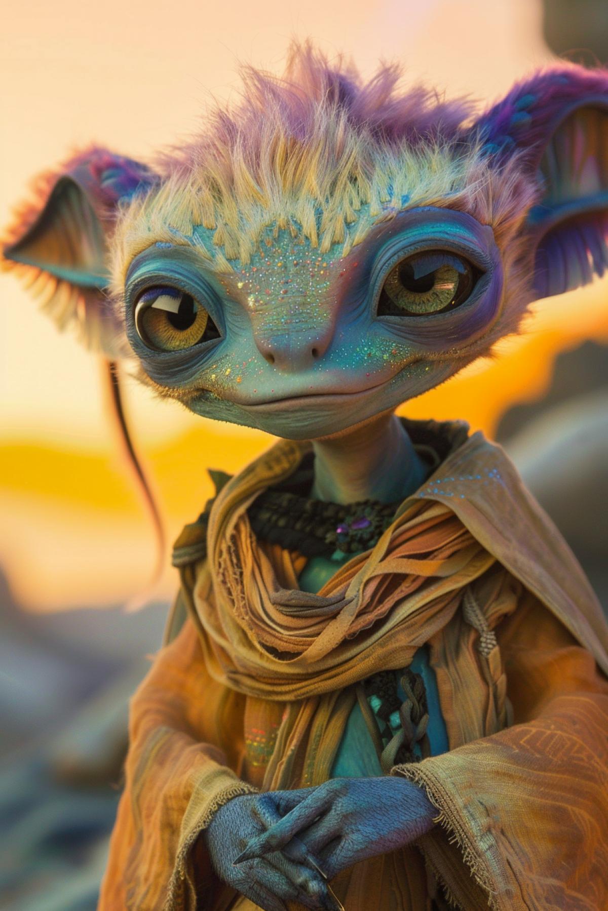 A close-up of a furry alien with soft, thick fur in sunset shades, his large, almond-shaped eyes shimmering with all the colors of the rainbow and radiating kindness, on his head there are short, protruding ears covered with luminous patterns, long, thin fingers with soft pads, his clothes are light fabric reminiscent of a silk web, smoothly wrapping around the , his facial expression is calm and friendly, the anatomy is refined and harmonious, the emphasis is on the natural beauty and nobility of the creature, evoking a feeling of warmth and trust.