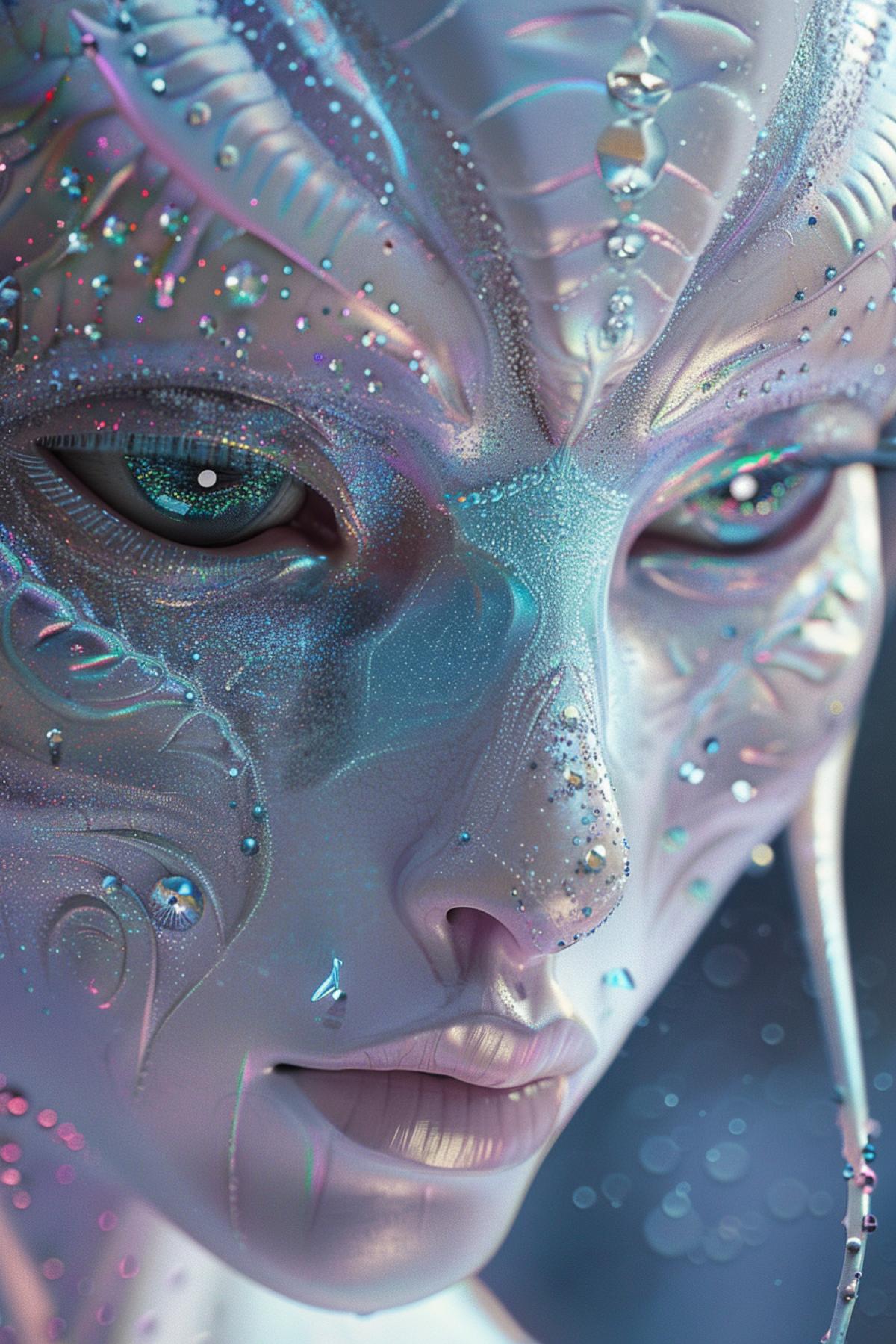 A close-up of an elegant alien with pearlescent skin shimmering in delicate shades of pink and blue, her large eyes are deep and expressive, with shiny irises, on her head are long, wavy processes reminiscent of hair, decorated with luminous crystals, her hands are thin and graceful, with graceful fingers decorated with luminous rings, her clothes are , flowing fabric reminiscent of fog, her facial expression is gentle and mysterious, her anatomy is slender and refined, the emphasis is on the elegance and extraordinary beauty of the creature, evoking a feeling of magic and admiration.
