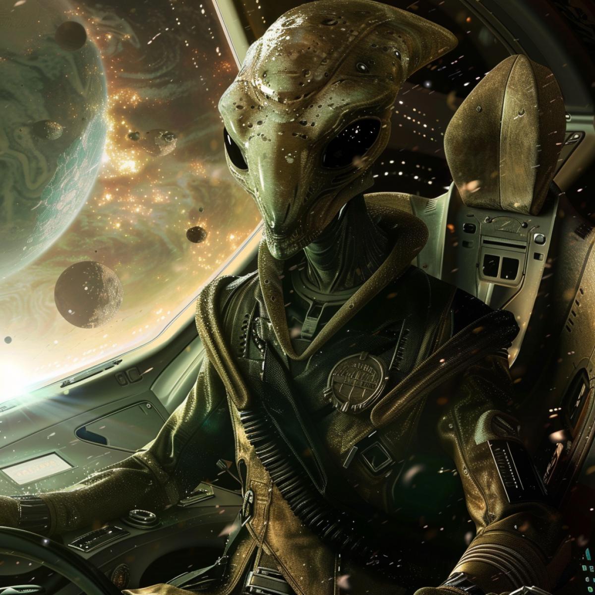 a strange alien of incomprehensible shapes at the helm of an interplanetary spacecraft