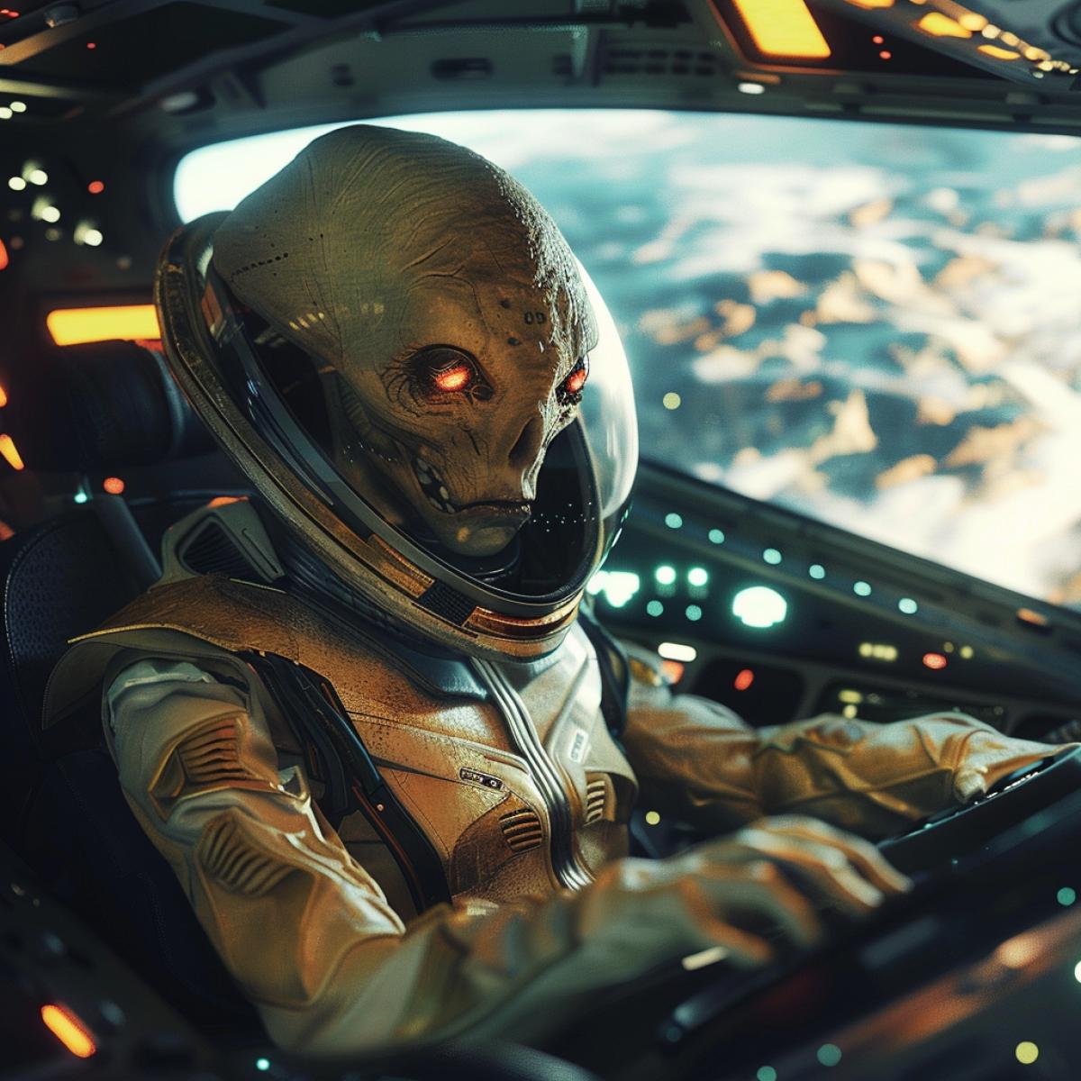 a strange alien of incomprehensible shapes at the helm of an interplanetary spacecraft
