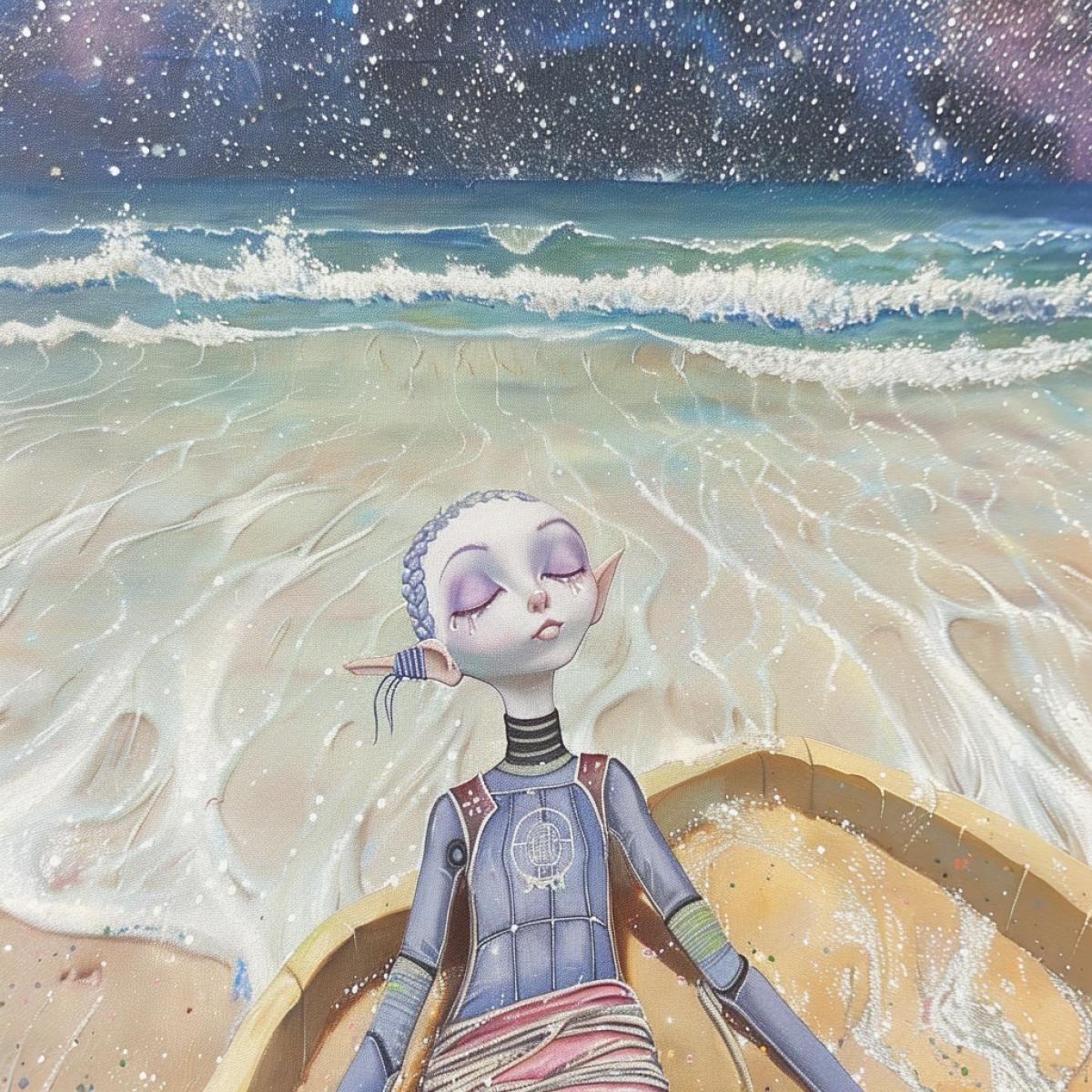 A starry summer night, the calm surface of the ocean, the waves gently hitting the golden sand of the shore, on the shore, against the backdrop of the surface of the ocean and the starry night sky, stands an amazing creature that looks like a person, but this is not a person, this is a guest from another galaxy who has flown to earth, tall slender build, pale skin, huge almond-shaped lilac eyes, small neat nose, small mouth with thin lips, hair braided in many braids and tied in a knot, long thin arms, pointy ears, red wetsuit with the emblem of the Ariana Galaxy