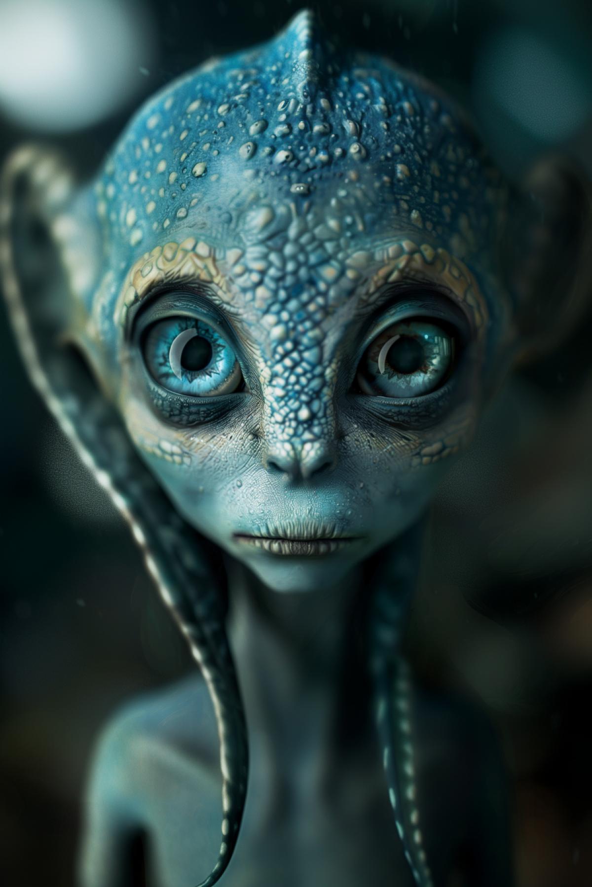 Alien blue skin, big eyes, aristocrat, twinkle. Realistic image, photoshop