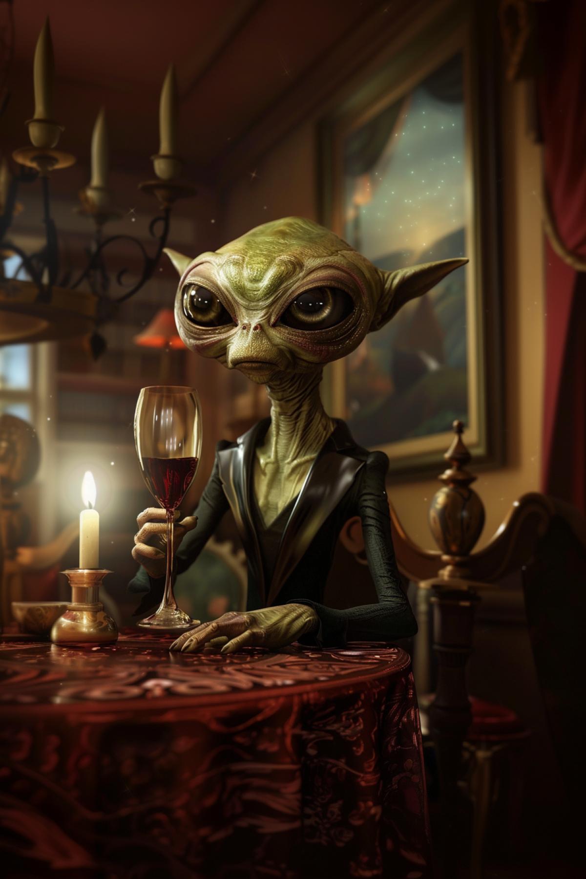 A full-length alien with big eyes in latox, an aristocrat, drinks wine, flickering, realistic image, photoshop