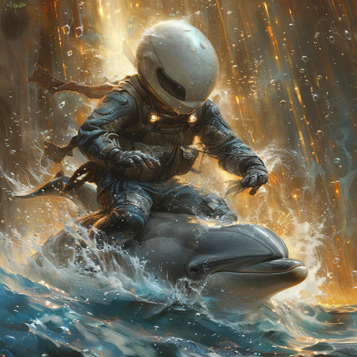 dark Sea, dolphins, mischievous alien, thin, long, sitting astride a dolphin, riding and laughing