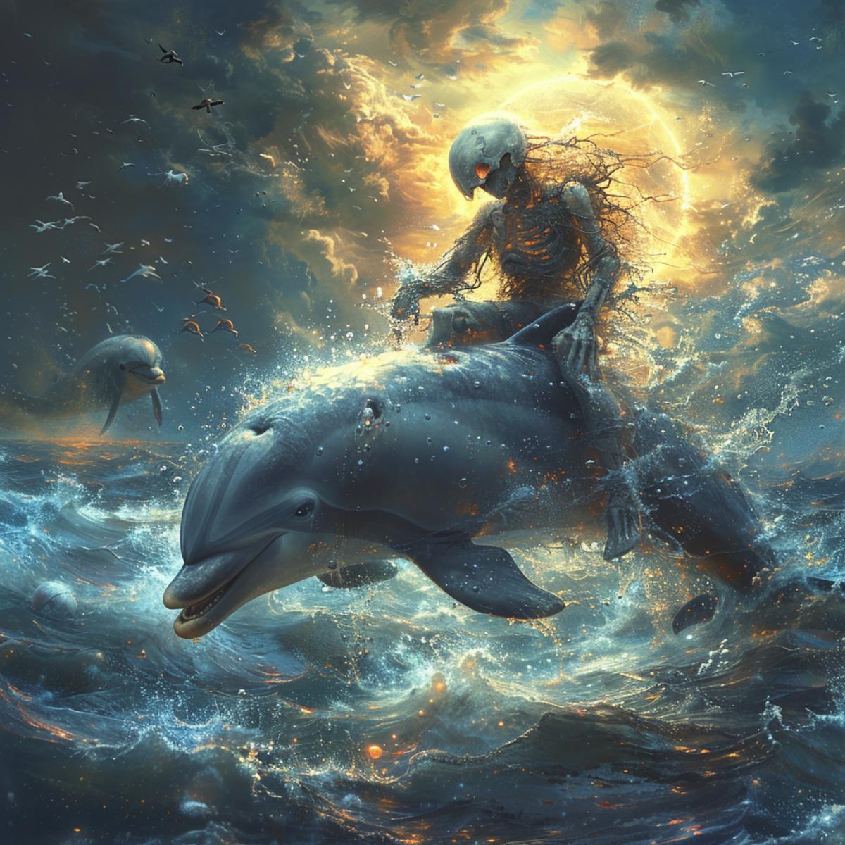 dark Sea, dolphins, mischievous alien, thin, long, sitting astride a dolphin, riding and laughing