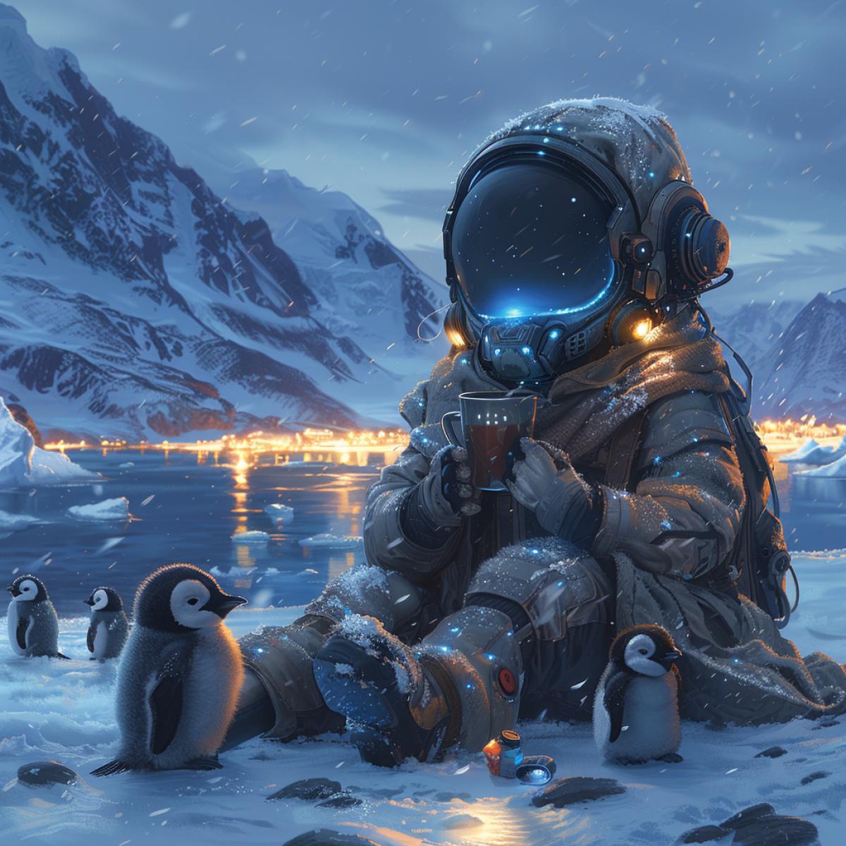 The starry night sky, the Arctic ocean, an extraterrestrial alien ship on an ice floe with penguins around it, an alien sits among polar explorers wrapped in a blanket and drinks hot tea, polar explorers laugh, an alien with huge blue eyes is happy, he feels good on earth among people