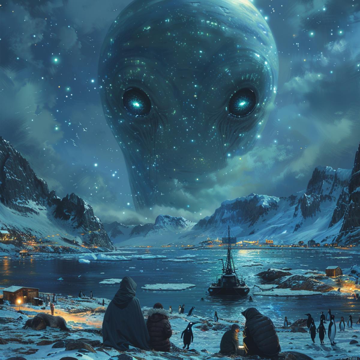 The starry night sky, the Arctic ocean, an extraterrestrial alien ship on an ice floe with penguins around it, an alien sits among polar explorers wrapped in a blanket and drinks hot tea, polar explorers laugh, an alien with huge blue eyes is happy, he feels good on earth among people