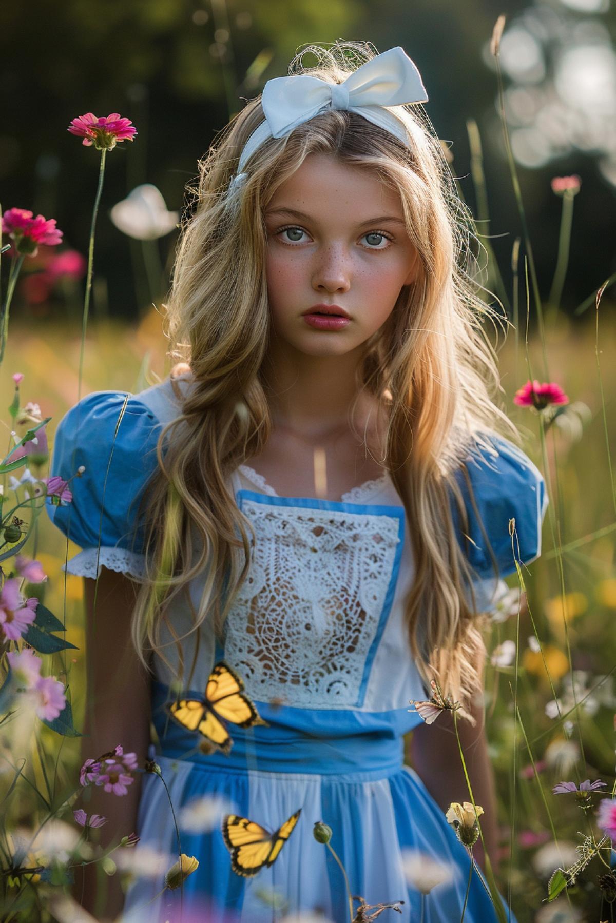 Close-up of Alice in Wonderland, her big blue eyes express surprise, long blond hair flutters in the wind, there is a white bow on her head, her dress is blue with a white apron, decorated with lace, colorful butterflies fly around her, medium shot Alice is standing among giant blooming flowers and tall grasses, in the background there is a fairy-tale forest with trees, the background is bright colors, the lighting is soft daylight, warm shadows, the atmosphere is magic and surprise, the emphasis is on her innocence and curiosity.