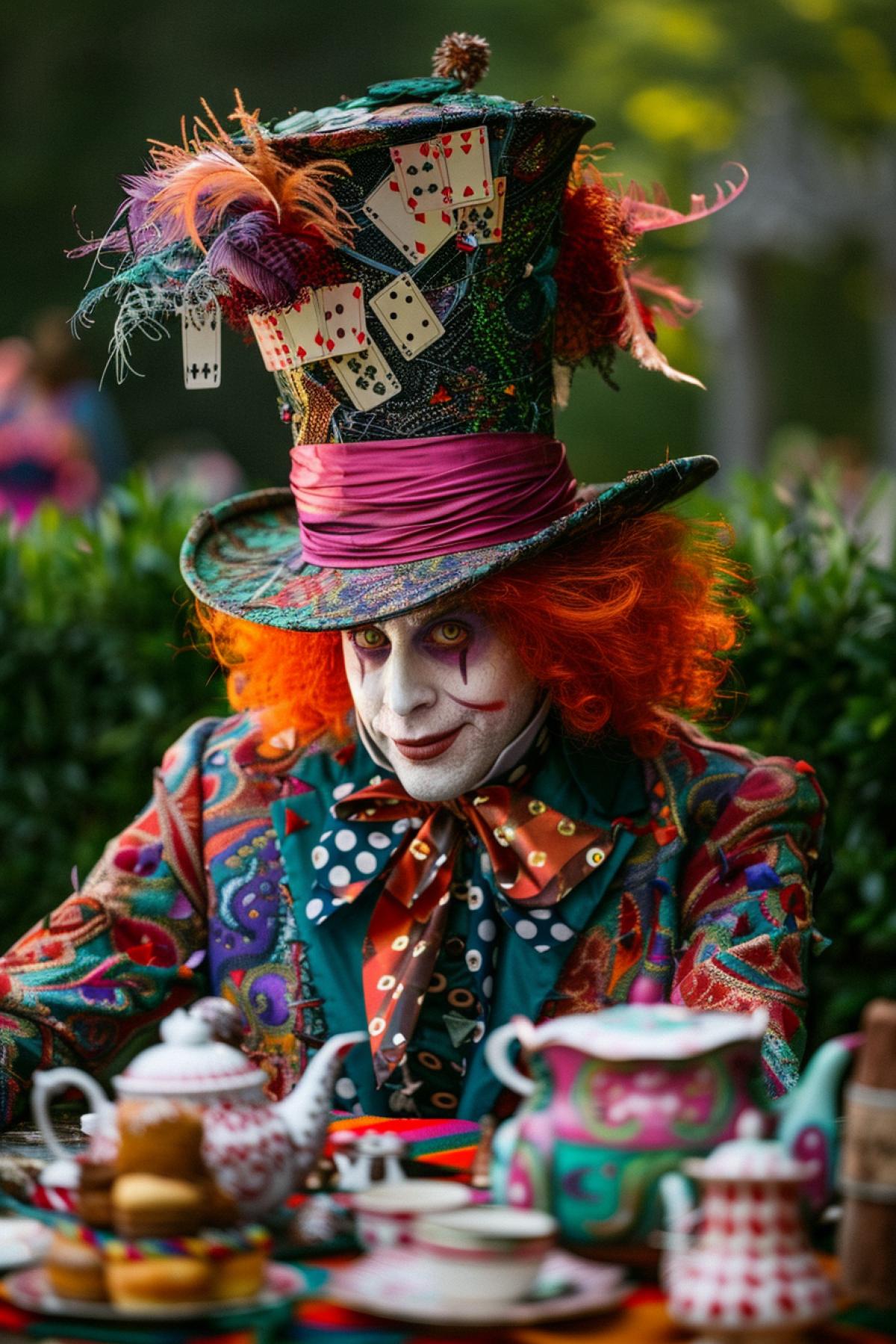 Close-up on the Mad Hatter, his eyes are full of crazy fun, on his head is a huge hat with feathers and cards, his clothes are bright, multi-colored, decorated with ribbons and buttons, in his hands is a tea cup, medium shot he is sitting at a long table filled with teapots and cakes, around him are a variety of whimsical characters, the background is a lush garden with tall hedges, the lighting is bright and sunny, the shadows are contrasting, the atmosphere is fun and chaos, the emphasis is on his eccentricity and charisma.