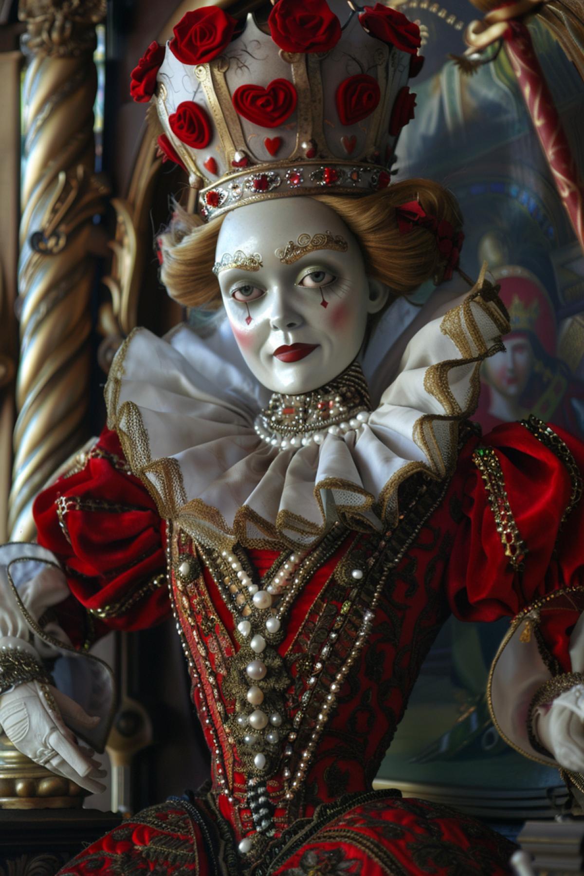 Close-up on the Queen of Hearts, her face expresses arrogance and determination, on her head is a crown of red roses, her dress is magnificent, red with gold jewelry, on her neck is a pearl necklace, her hands are in white gloves holding a golden scepter, medium shot she stands on a throne, surrounded by servants and guards in the form of cards, the background is a majestic palace with tall columns and tapestries, the lighting is dramatic, the shadows are deep, the atmosphere is power and severity, the emphasis is on her royal grandeur and cruelty.