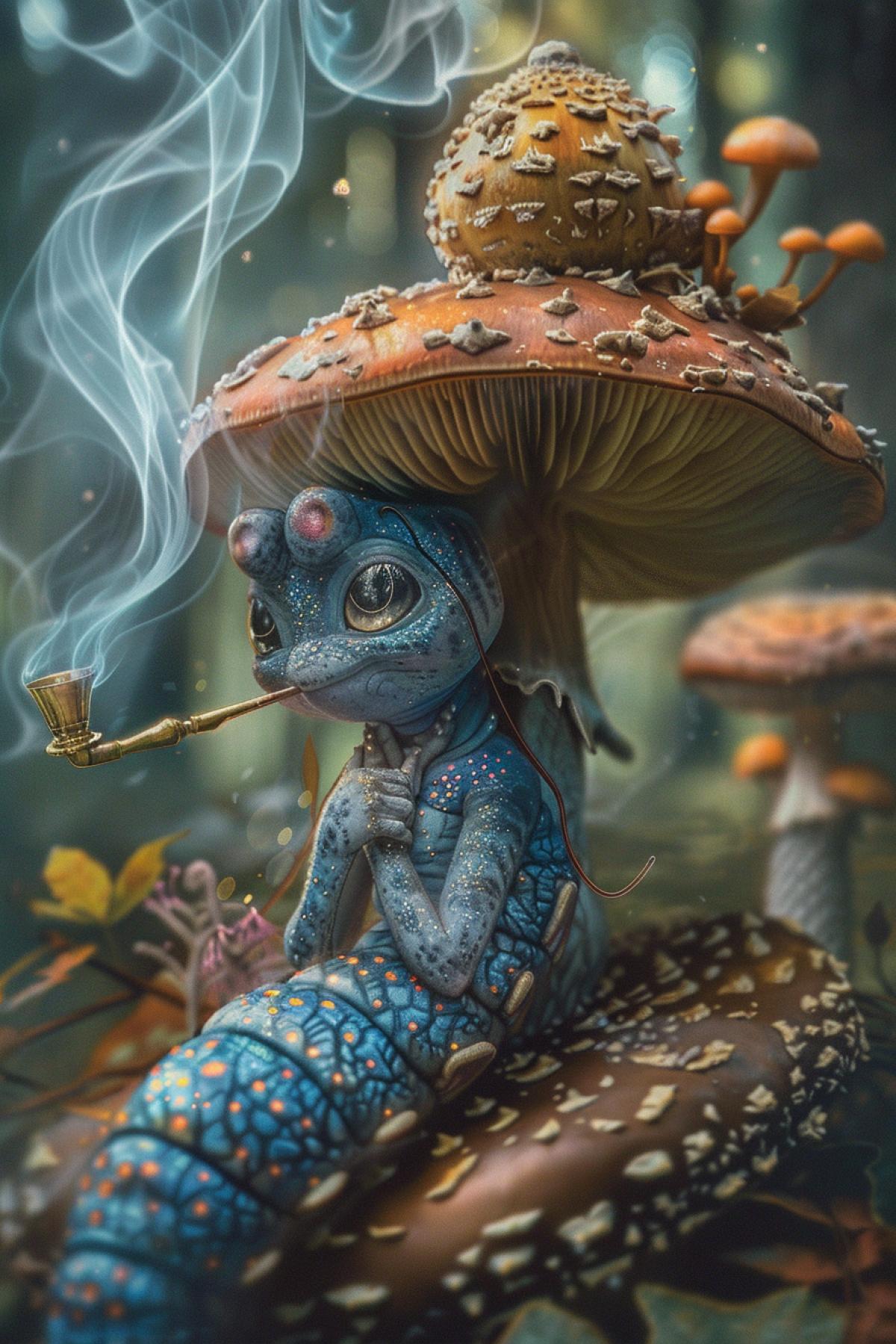 Close-up of a wise Caterpillar sitting on a giant mushroom, her face is thoughtful and calm, large expressive eyes look into the distance, blue skin with subtle patterns, small antennae on her head, she smokes a hookah, from which rings of multi-colored smoke rise, her long and curved, covered with soft segments, middle ground a mushroom decorated with luminous spots, around magical plants and flowers, background a forest clearing with soft light, lighting muted, warm shadows, atmosphere calm and mystery, emphasis on her mysterious and wise nature.