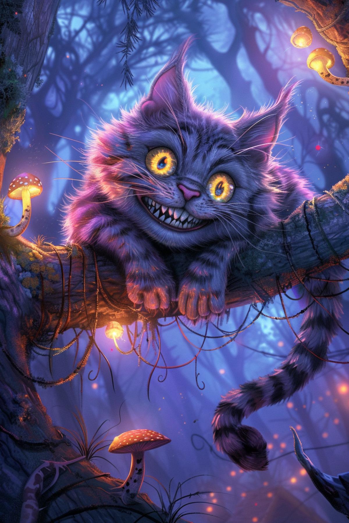 Close-up on the Cheshire Cat, his wide smile sparkles in the dark, his large yellow eyes with vertical pupils glow, his fur is striped, pink and purple, soft and fluffy, he sits on a branch of a giant tree, the branch is decorated with glowing mushrooms, medium shot Cheshire The cat disappears into the air, leaving only a smile, the background is a dark forest with flickering lights, the lighting is mysterious, soft shadows, the atmosphere is mysterious and playful, the emphasis is on his mystical and cunning nature.