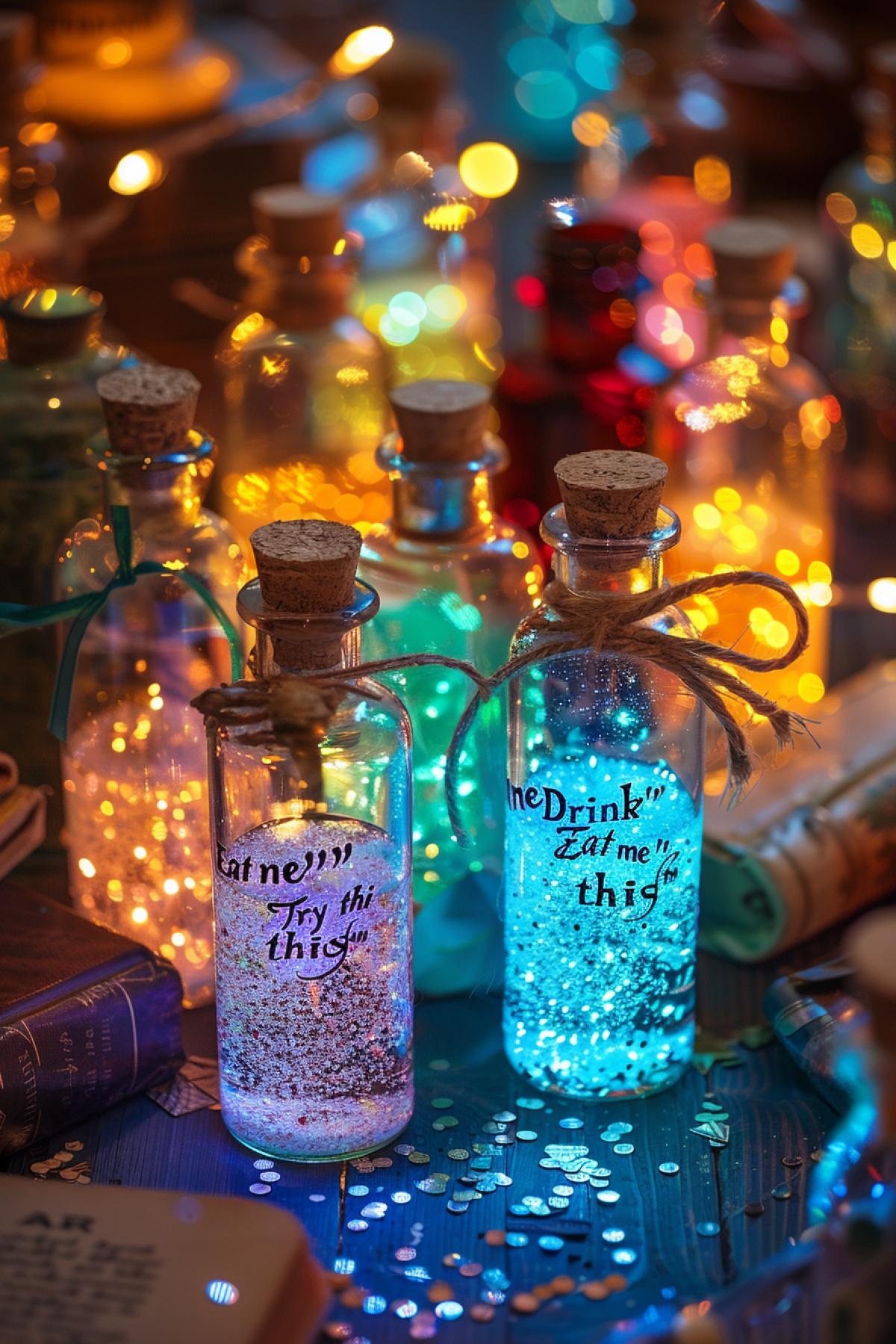 Close-up on a table with many colorful bubbles, each bubble is a unique shape and size, the glass shimmers and sparkles, each bubble has elegant inscriptions: \"Drink me\", \"Eat me\", \"Try this\", the liquid inside the bubbles glows with a soft light, their corks are decorated with ribbons and small labels, the middle shot the vials are located on an antique wooden tabletop, around books, scrolls and small magical objects, the background a dim room with soft candle lighting, warm shadows, the atmosphere magic and mystery, emphasis on intrigue and the mystery of bubbles.