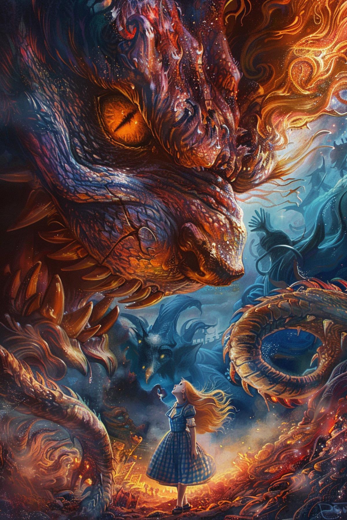 alice in wonderland, i live in a book, is on fire, in the style of intricate and bizarre illustrations, dynamic and action-packed scenes, extremely detailed art, dark red and light blue, dieselpunk, richly detailed genre paintings, rtx on
