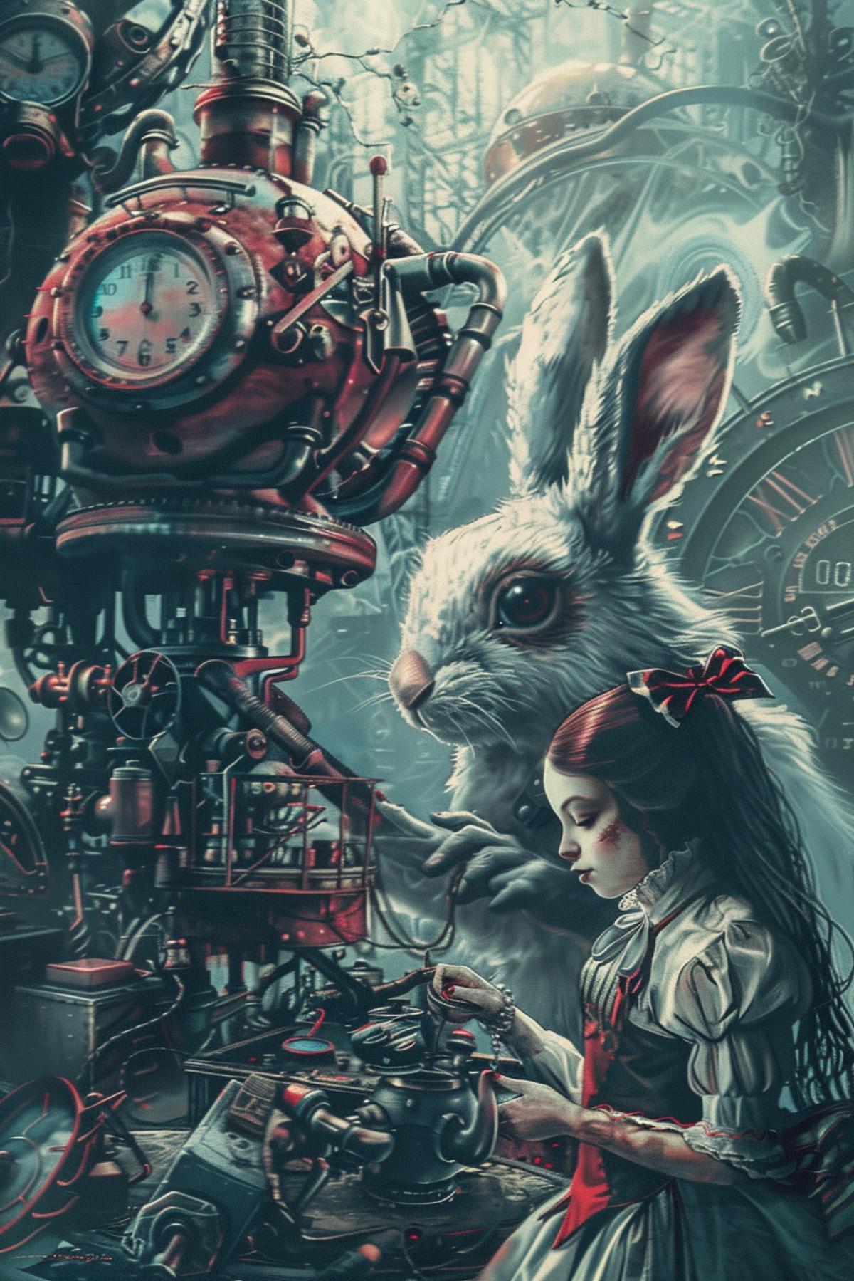 The Girl and white rabbit, alice in wonderland, i live in a book, in the style of intricate and bizarre illustrations, dynamic and action-packed scenes, extremely detailed art, dark red and light blue, dieselpunk, richly detailed genre paintings, rtx on